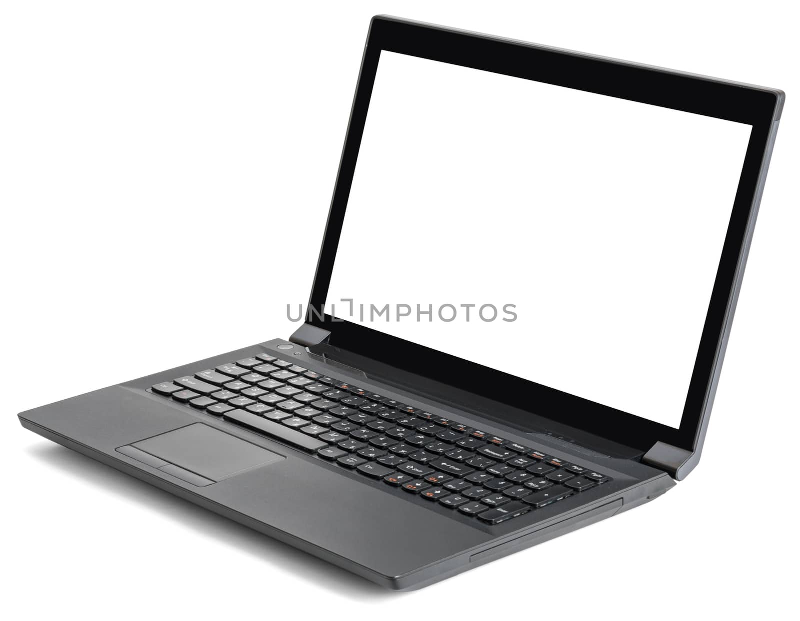 Open black laptop with blank screen isolated on white background, side view