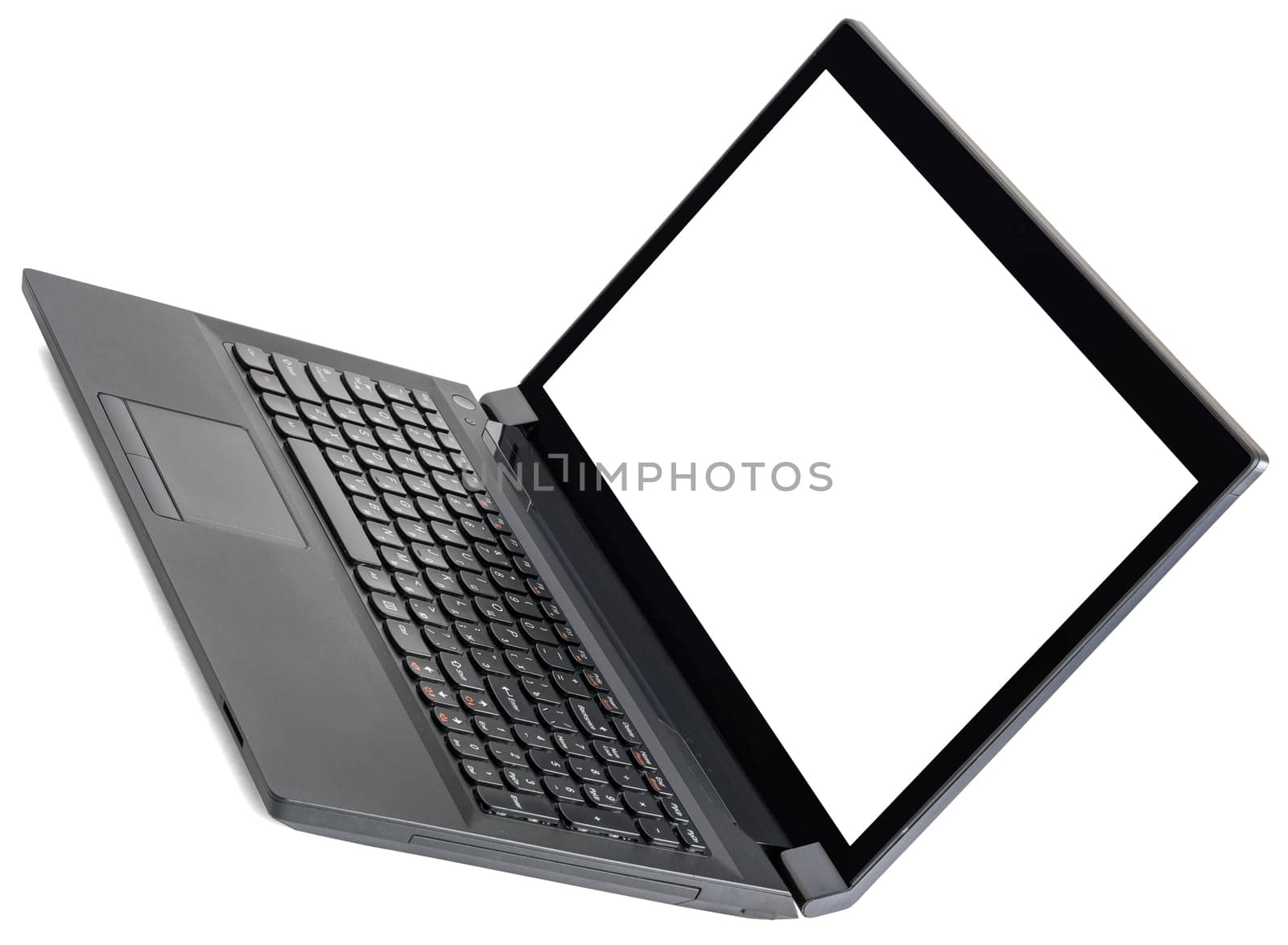 Black laptop with blank screen isolated on white background, closeup