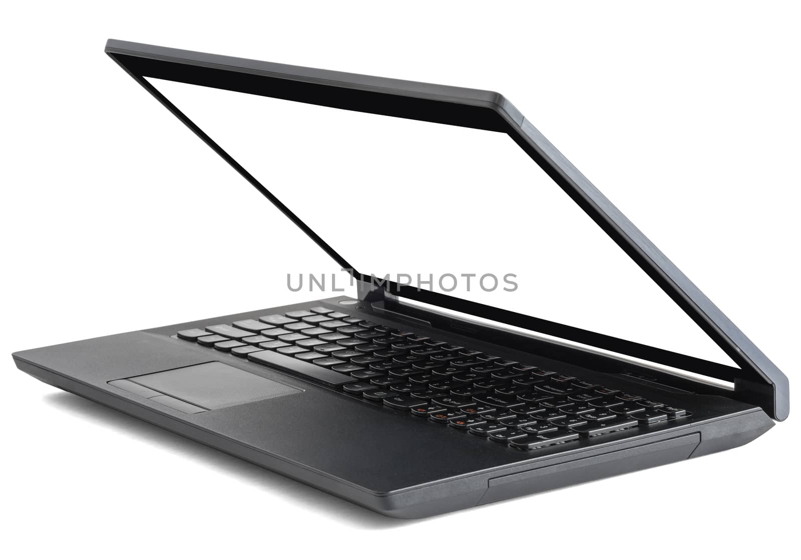 Open black laptop with empty screen isolated on white background