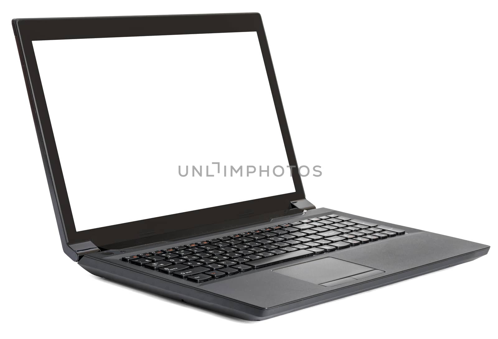 Laptop with empty screen isolated on white background, side view
