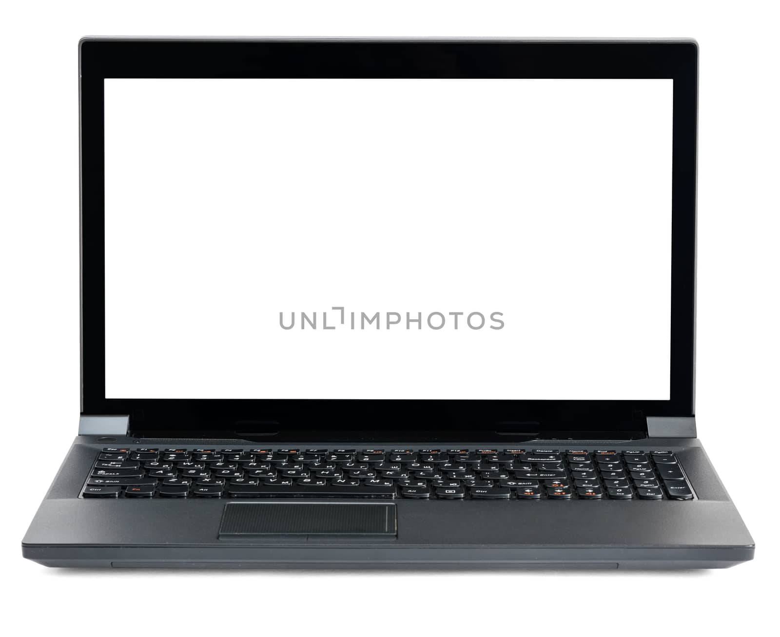 Open black laptop with empty screen isolated on white background, front view
