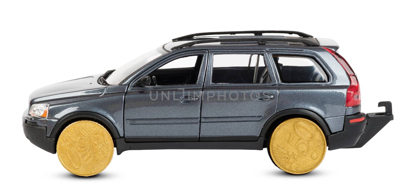 Car with coins instead wheels isolated on white background