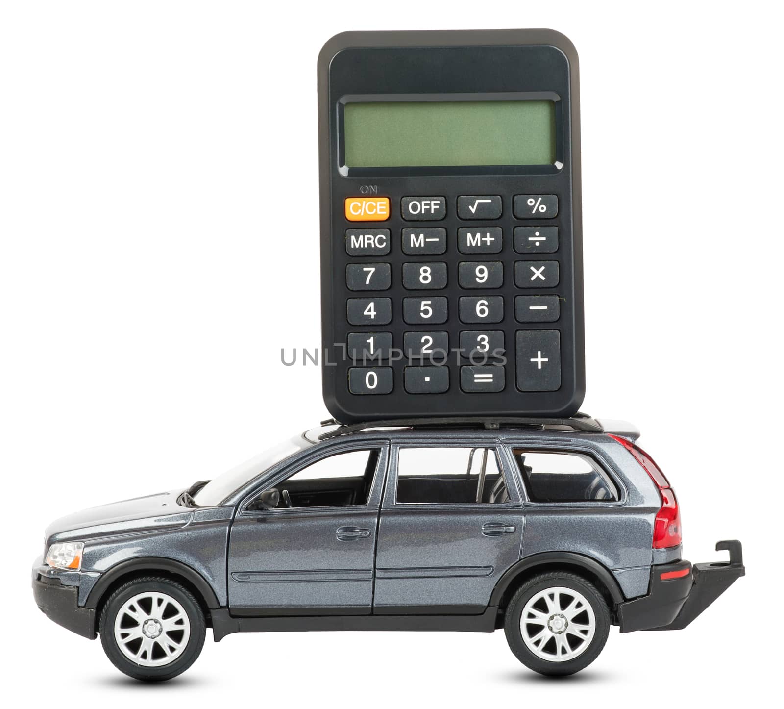 Calculator on car isolated on white background, side viewCar isolated on white background, side view