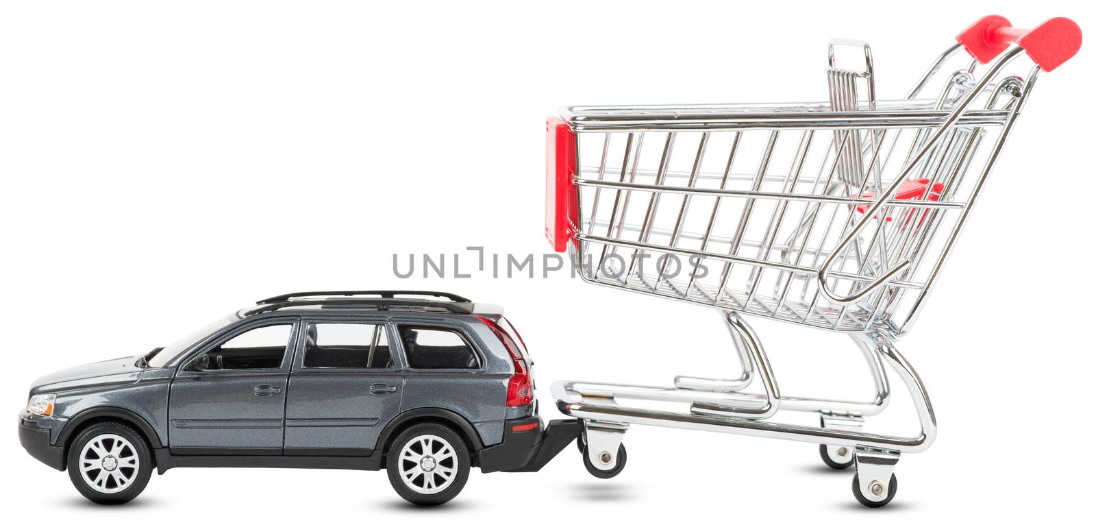 Car with shopping cart on white by cherezoff