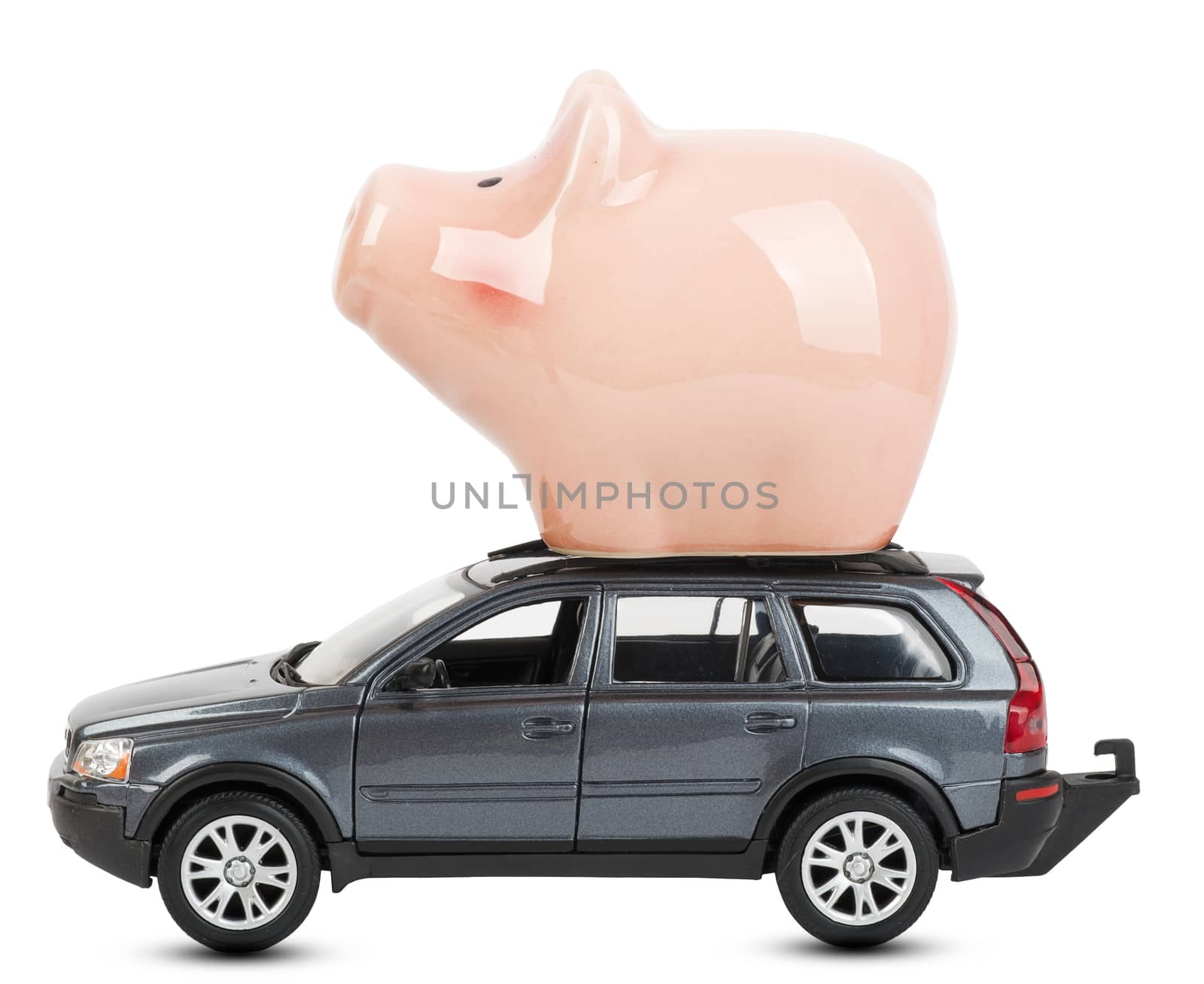 Car with piggy bank on white by cherezoff