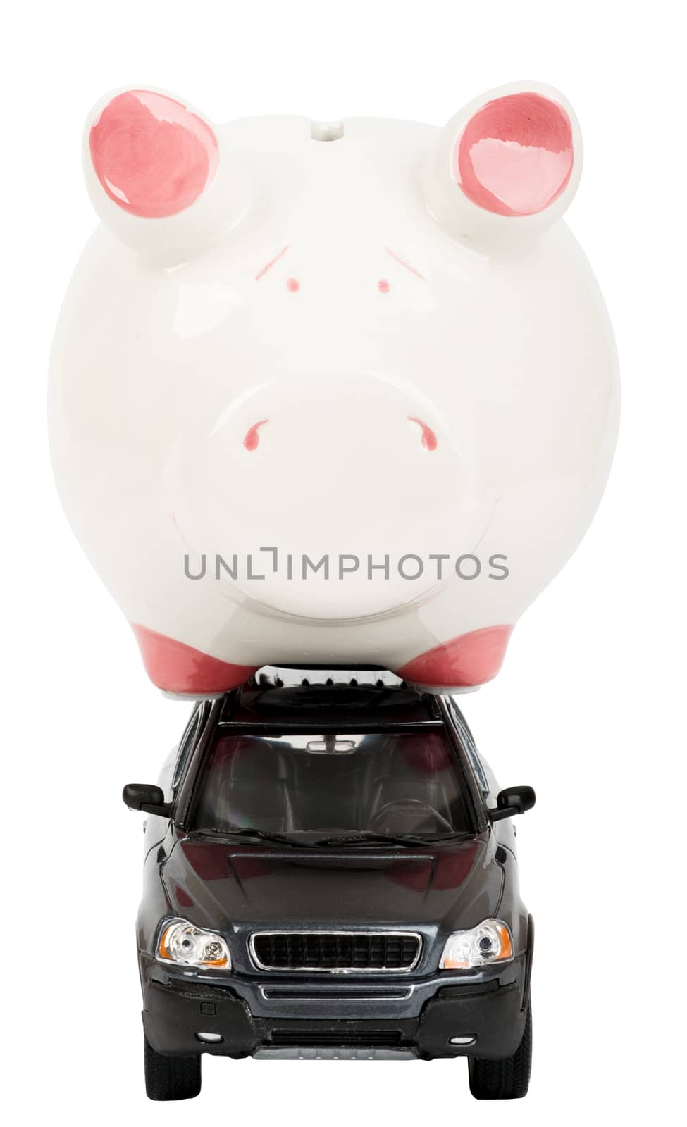 Piggy bank on car isolated on white background, front view