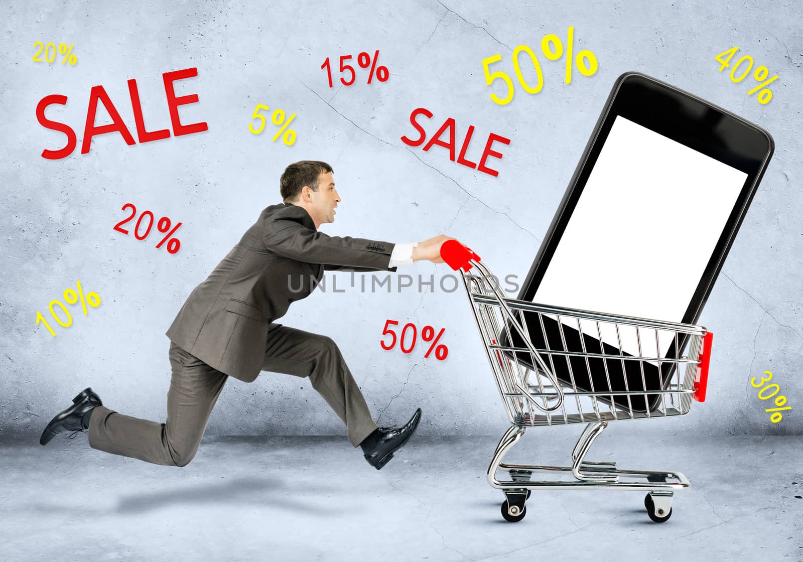 Businessman with smartphone in shopping cart by cherezoff