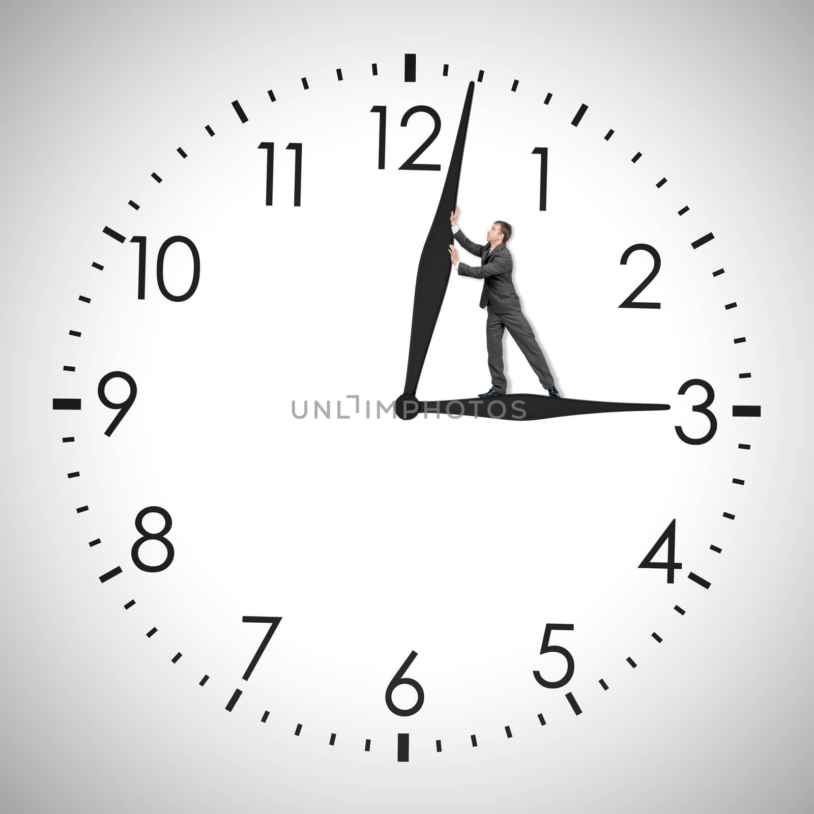 Businessman pushing clock hand inside clock isolated on white background