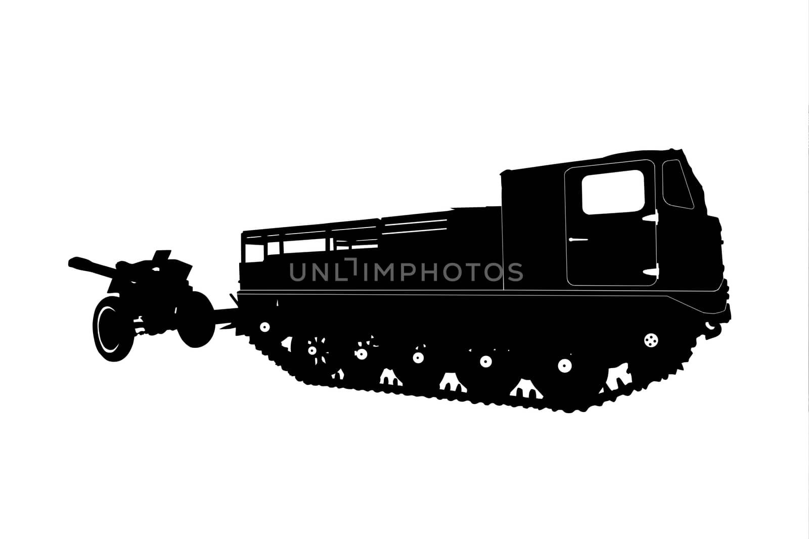 Silhouette of a tractor with a gun, isolated on white background.