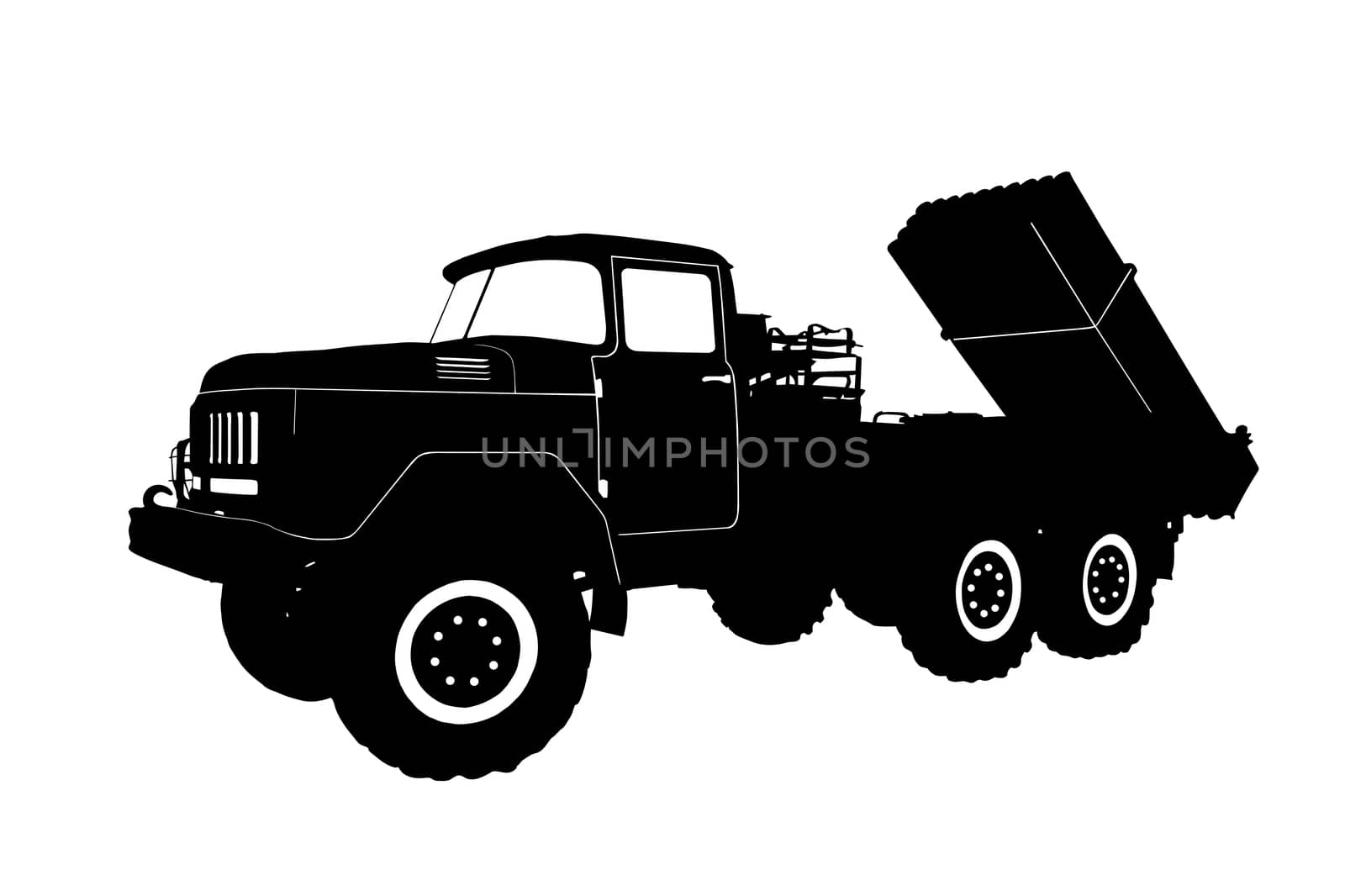 Silhouette of the military machine, multiple rocket launchers, isolated on a white background.