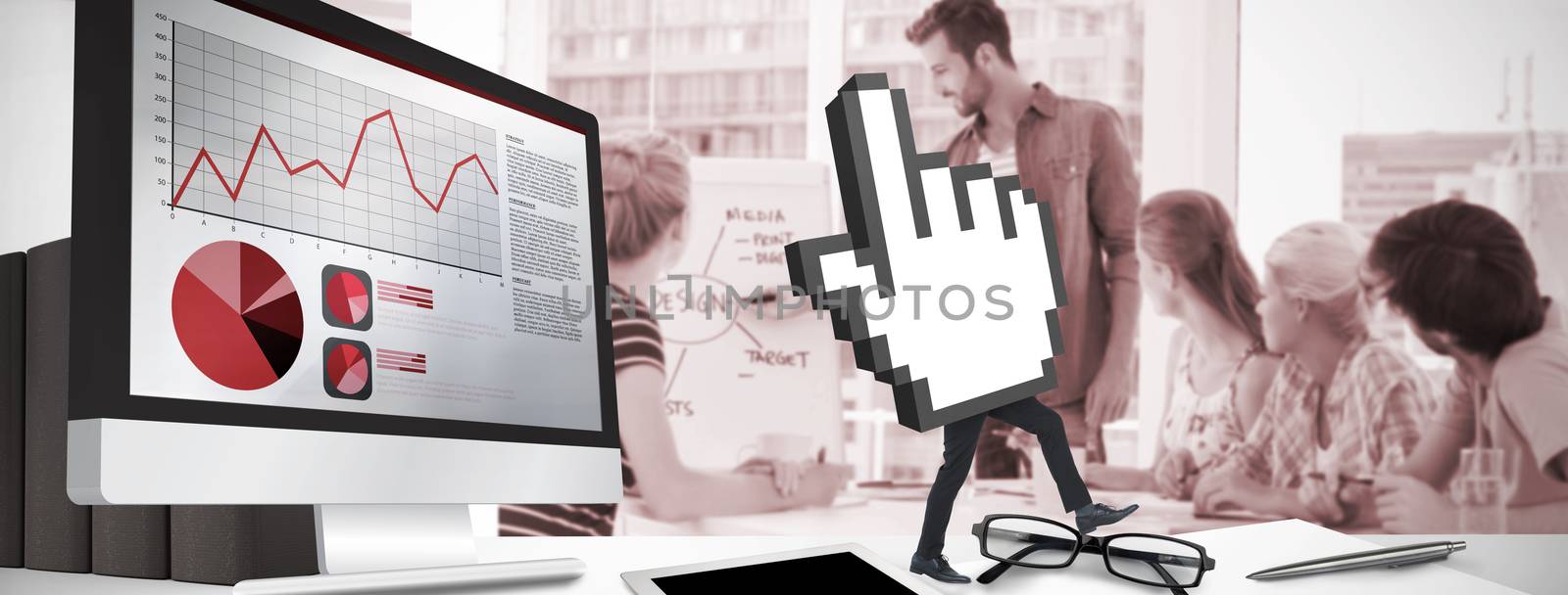 Cursor with legs against casual business people in office at presentation