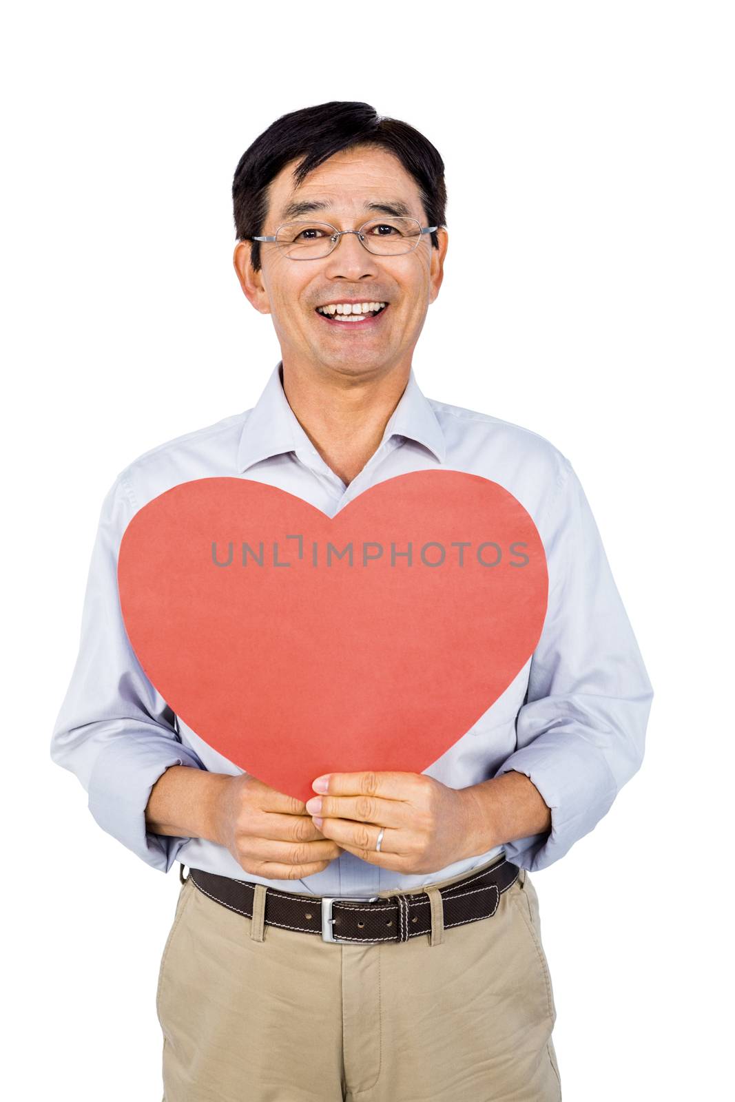 Older asian man showing heart on white background