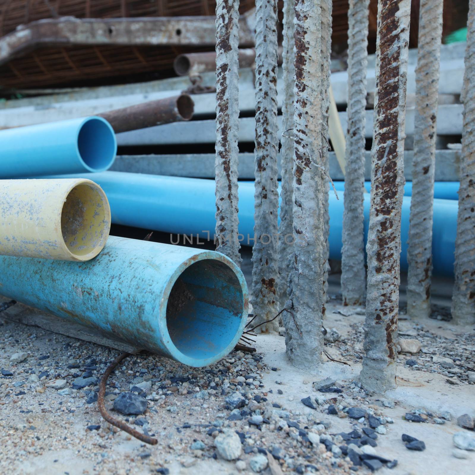 Construction site with building materials stored outside