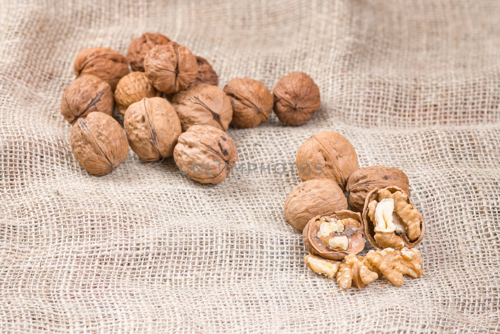 Walnut kernels and whole walnuts on rustic sack.