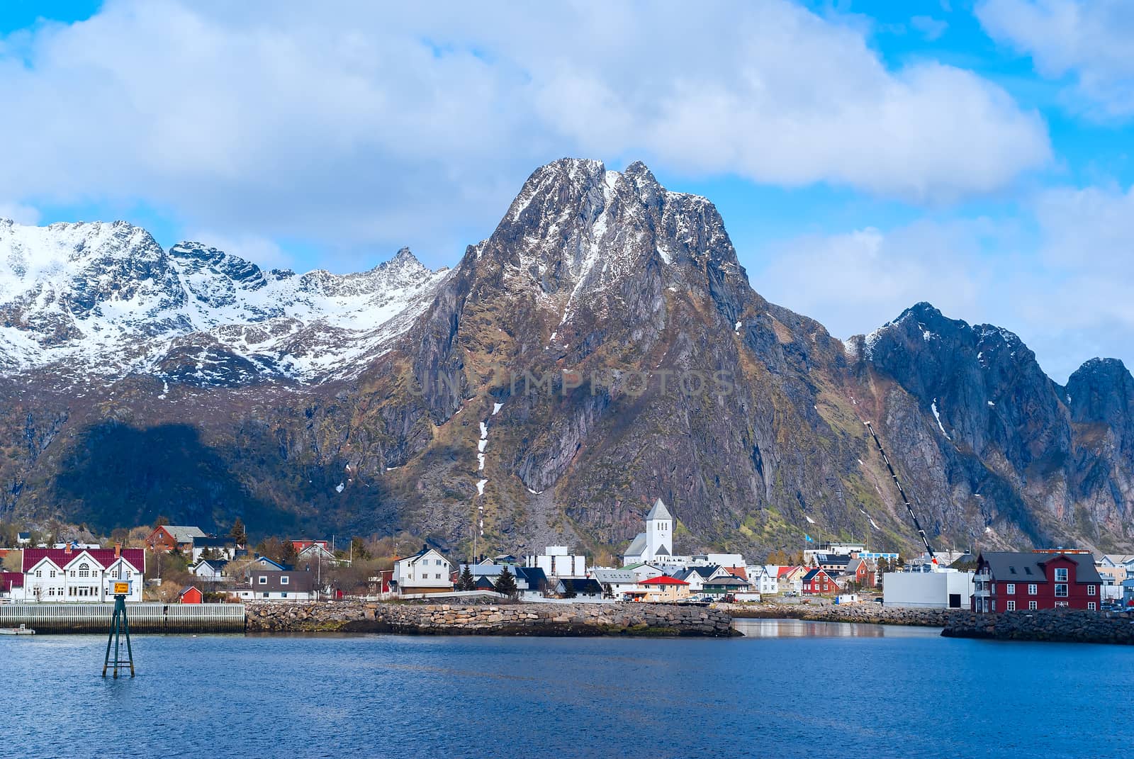 Norwegian town Svolvaer on Lofoten islands in sunny day by BIG_TAU