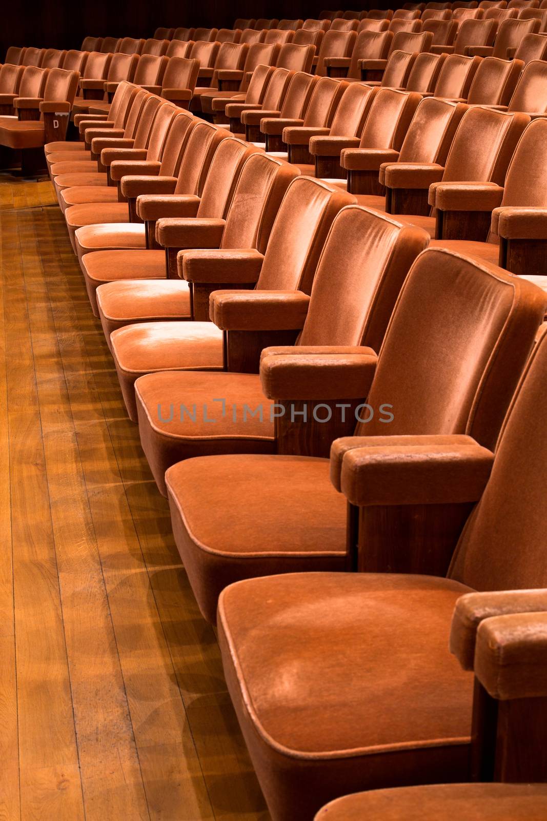 Rows of brown theater seats in a concert hall