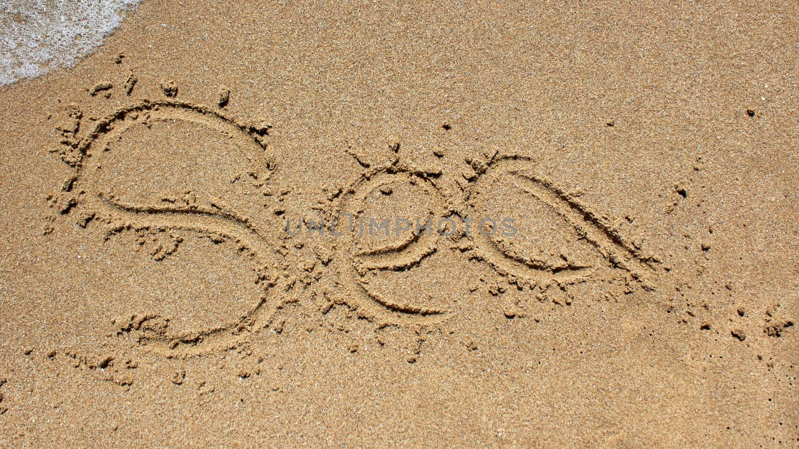 Sea word written on the beach sand.