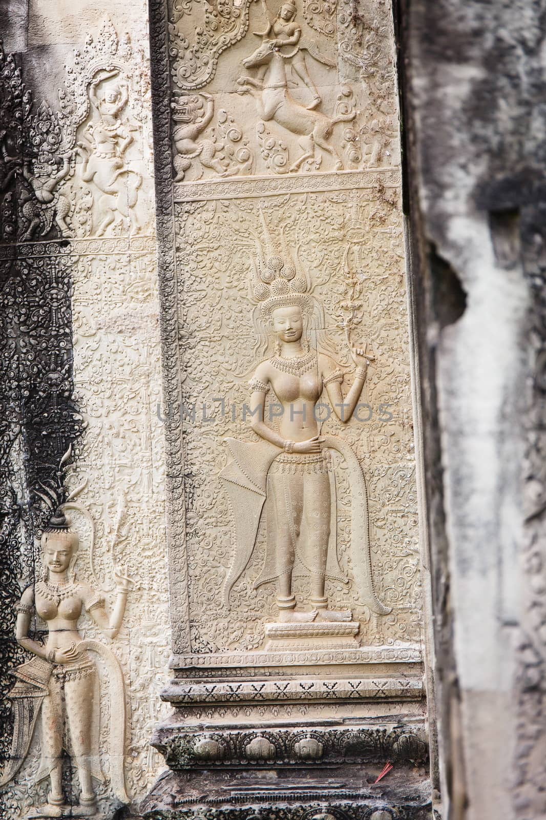 Khmer architecture in Banteay Srei temple that was built in 968, Siem Reap, Cambodia.