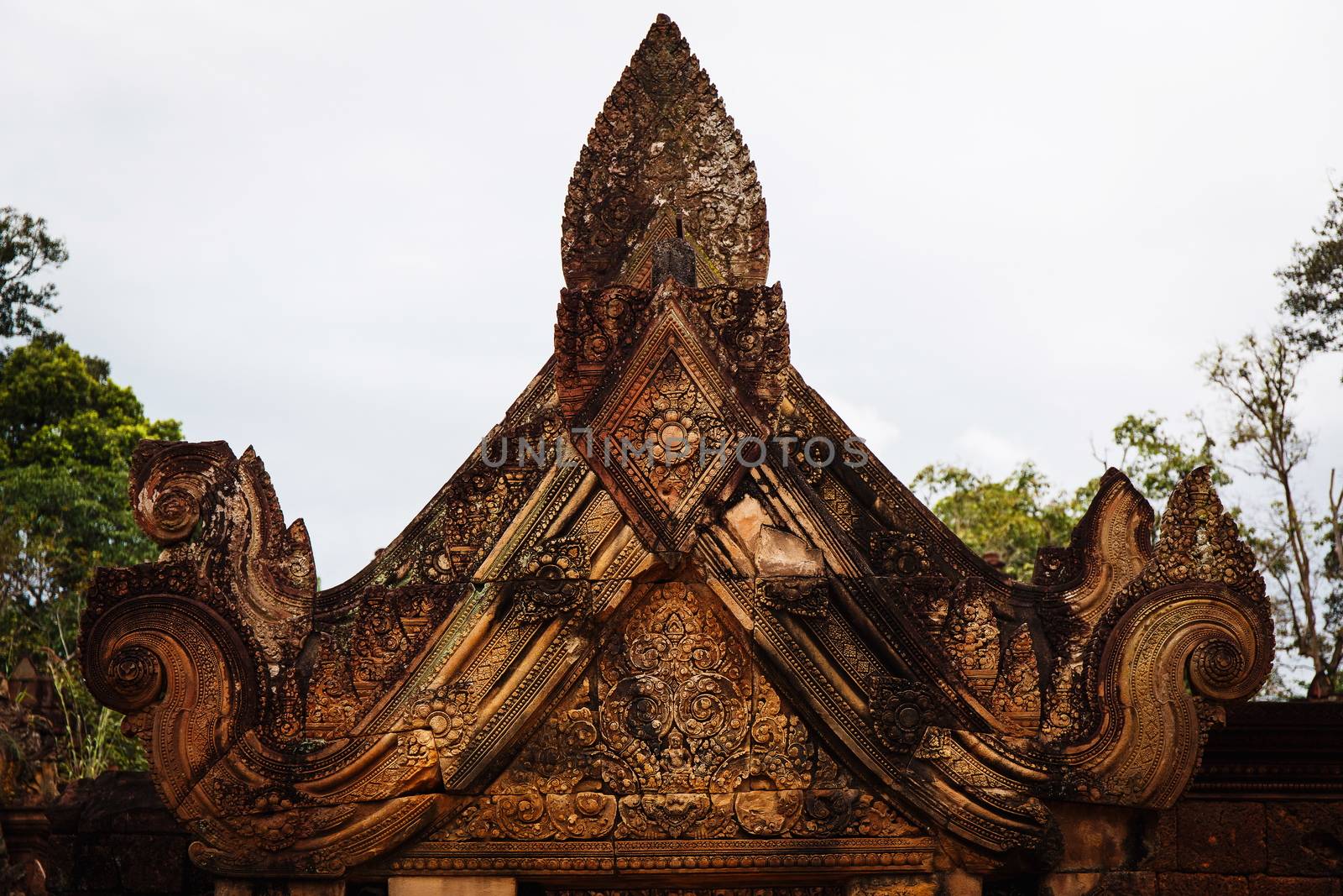 The most picturesque castle of Angkor Thom in Cambodia. Banteay Srei castle.