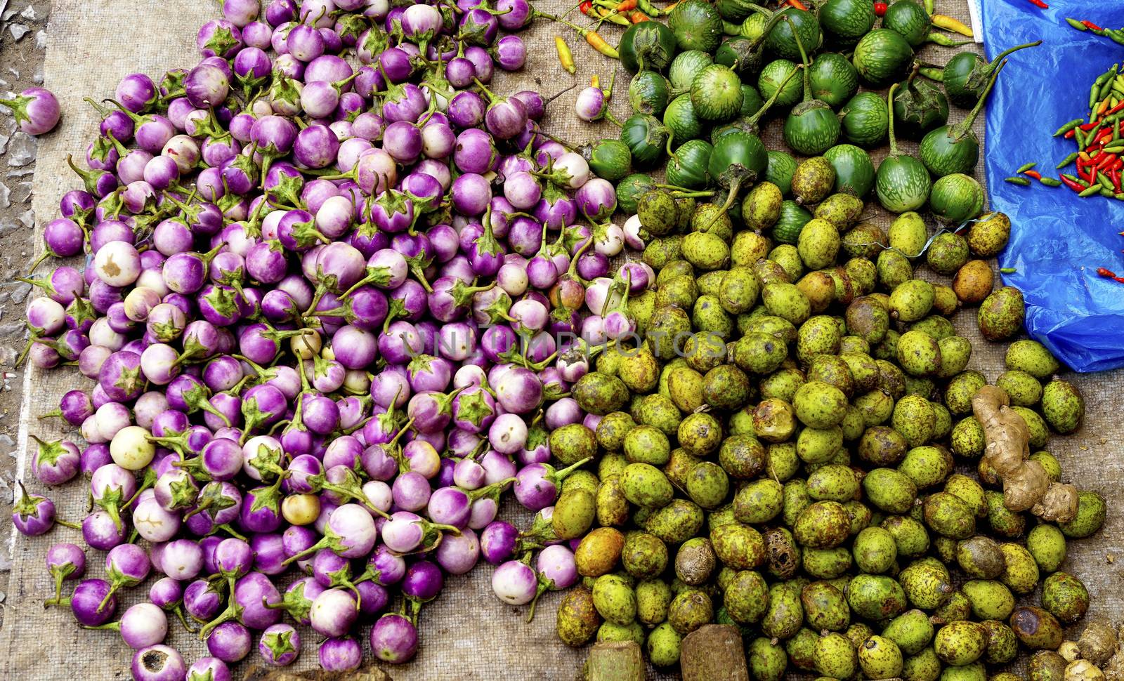 mixed vegetables purple eggplant, olive, in Farmer market Luang Prabang, Laos