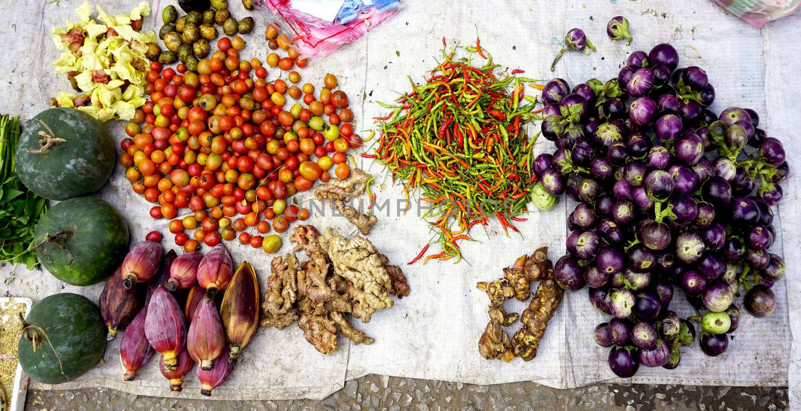 mixed vegetables purple eggplant, chili, ginger, tomato, banana blossom in Farmer market Luang Prabang, Laos