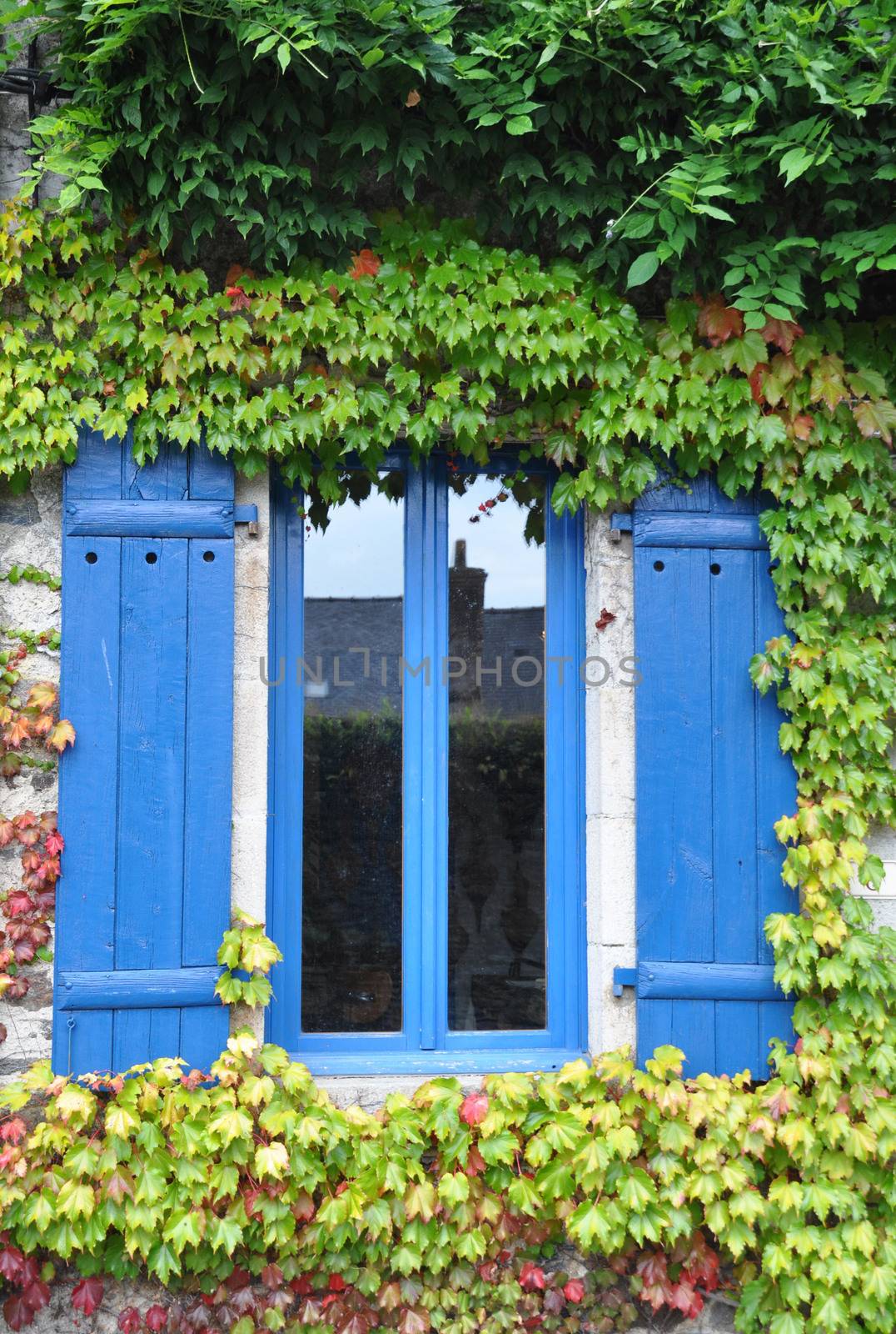 Pretty window in the small medival city of Rochefort-en-Terre, in Brittany France.One of the Plus beaux village de France