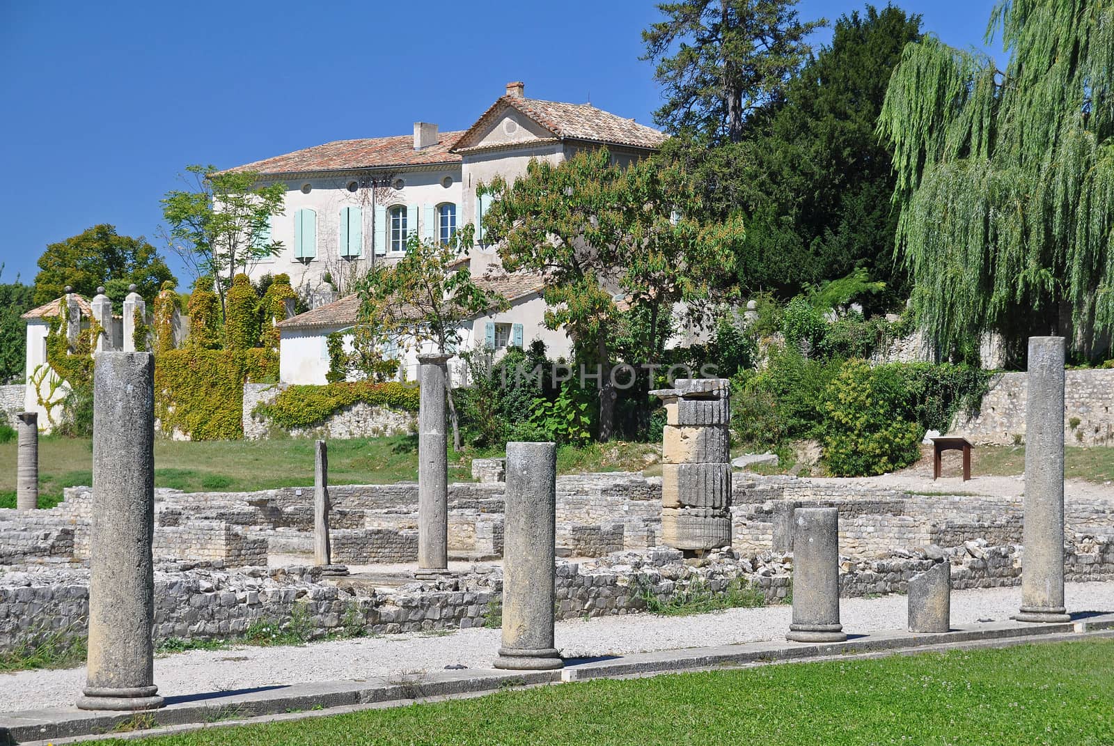 La Villasse, these extensive Roman ruins are at Vaison-La-Romaine, Provence, France. These Gallo-Roman remains are situated in the very centre of the fascinating ancient town of Vaison-La-Romaine. The ruins shown are the Maison au Dauphin (Dolphin House) - a large private house which contained the first private bath in Gaul. 