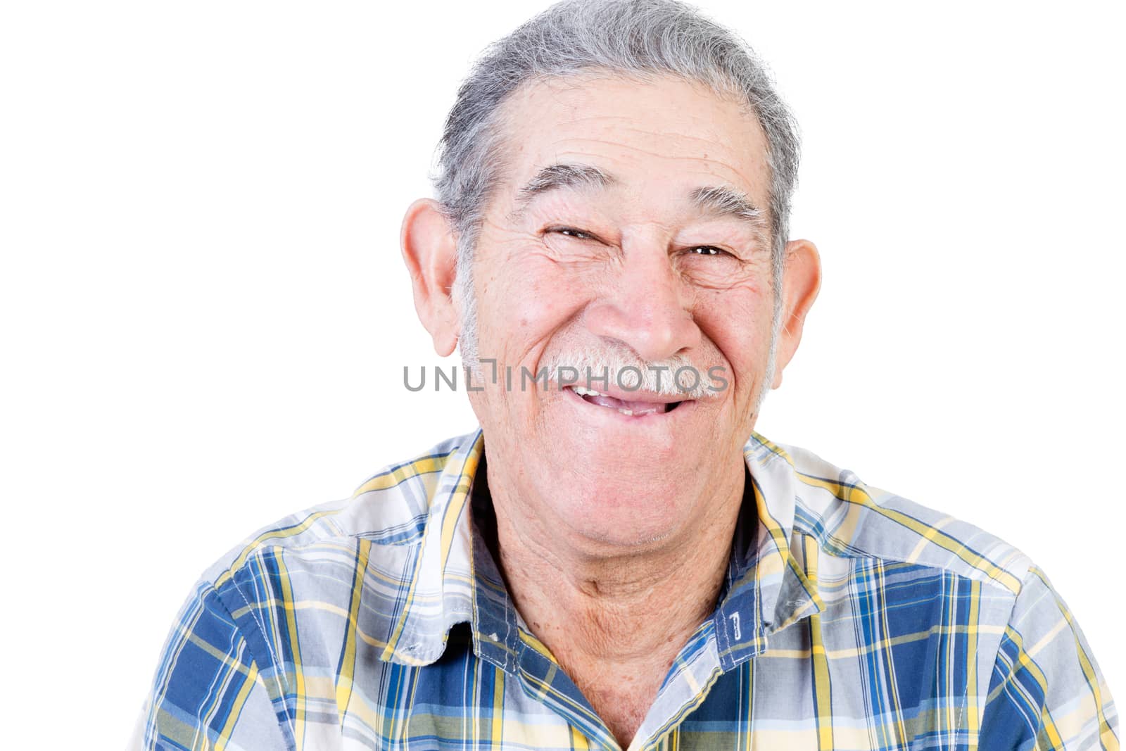 One happy mature male with mustache and big smile in blue and yellow striped flannel shirt over white background