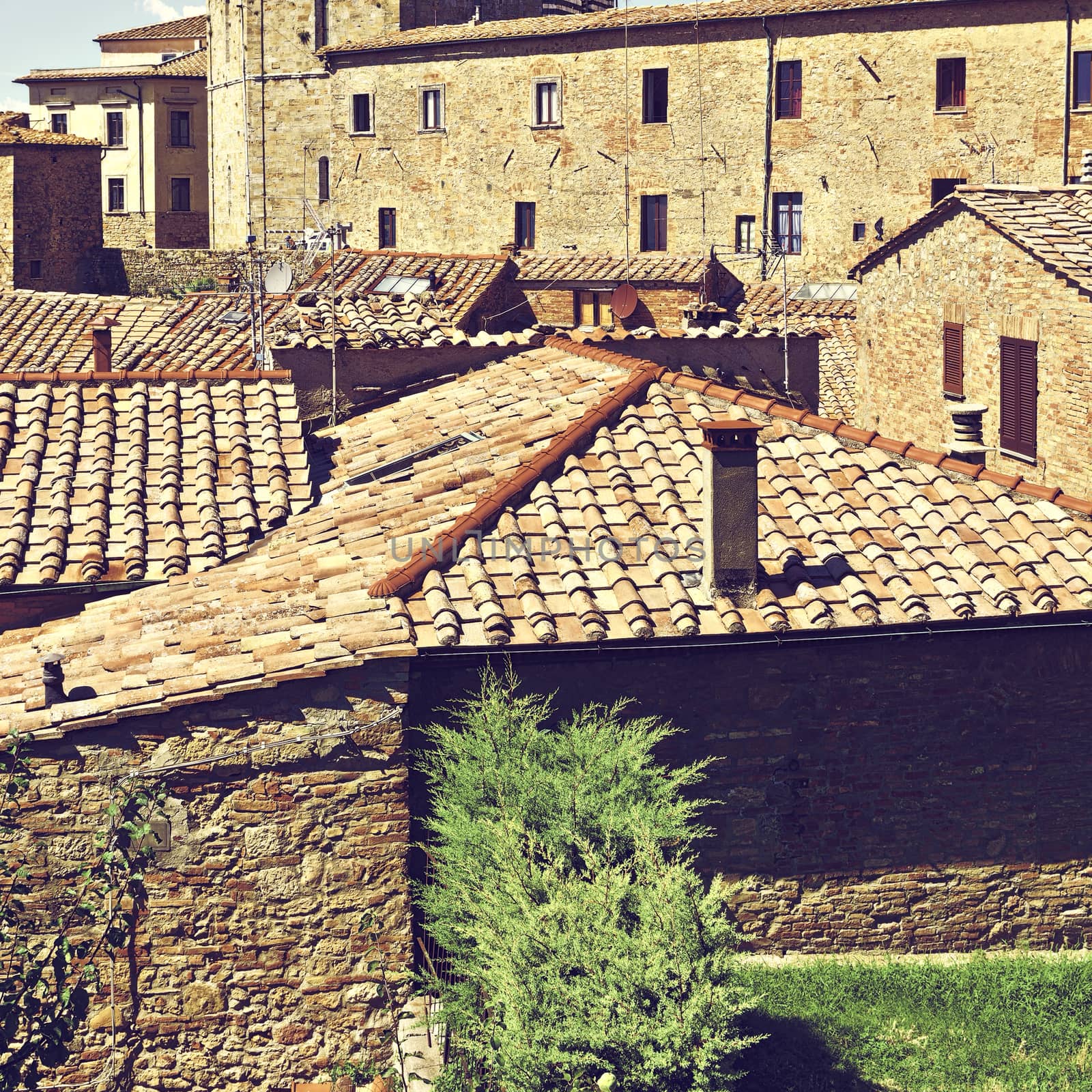 View of the Medieval City of Volterra in Italy, Vintage Style Toned Picture