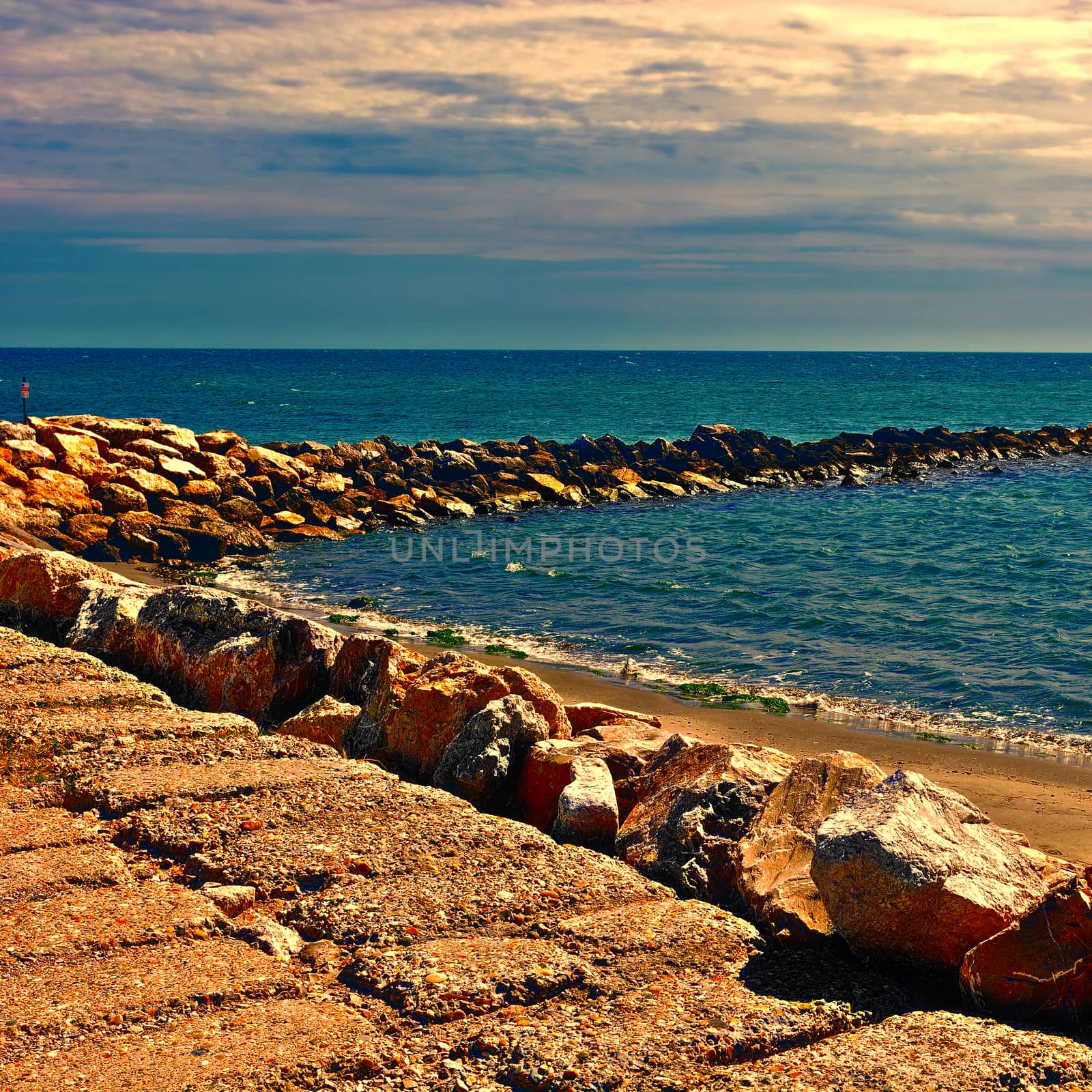 Breakwater Protecting the Beaches of the French Riviera at Sunset, Vintage Style Toned Picture