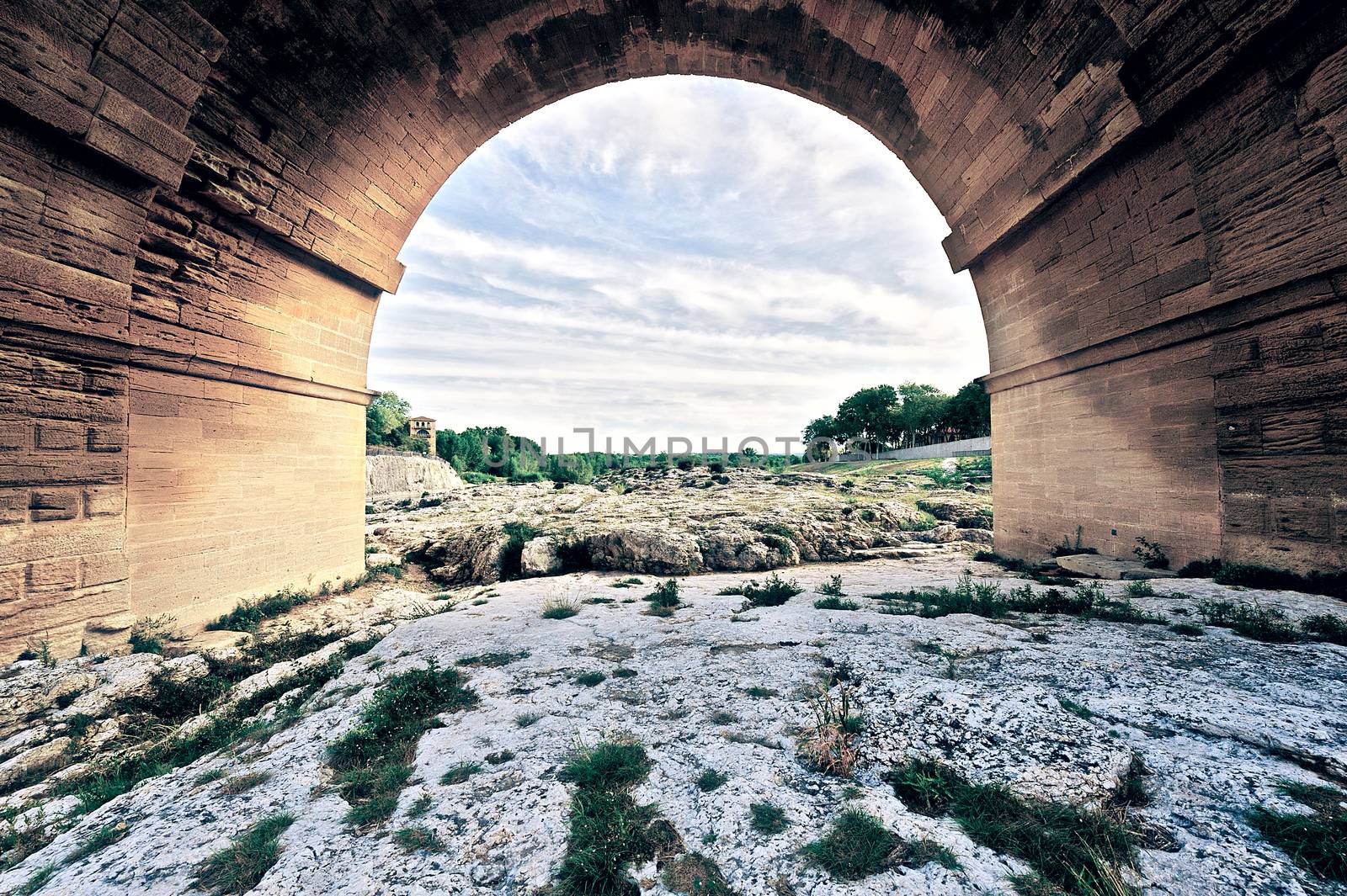 Ancient Roman Aqueduct Pont du Gard, Vintage Style Toned Picture