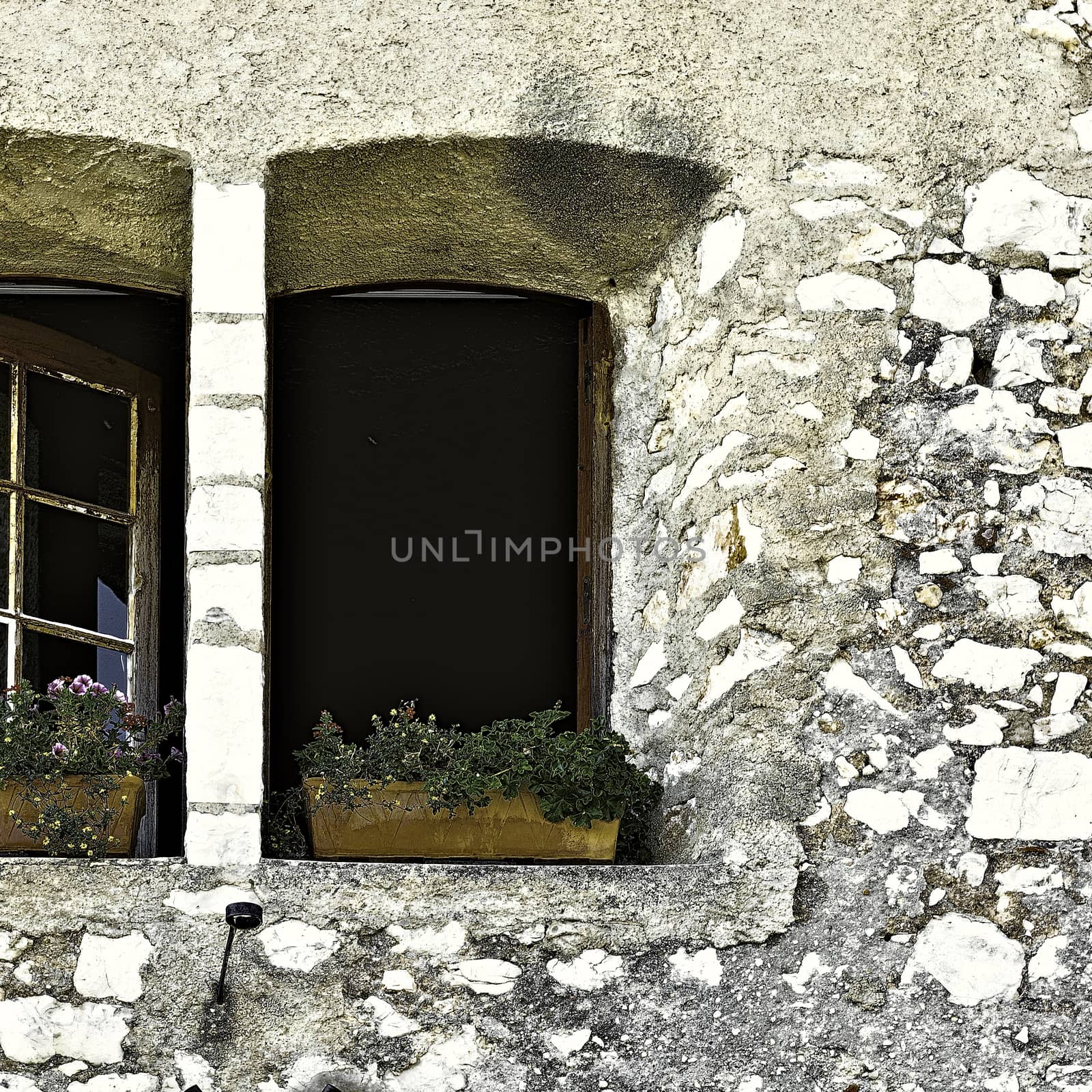 Open Windows Decorated With Fresh Flowers, Vintage Style Toned Picture