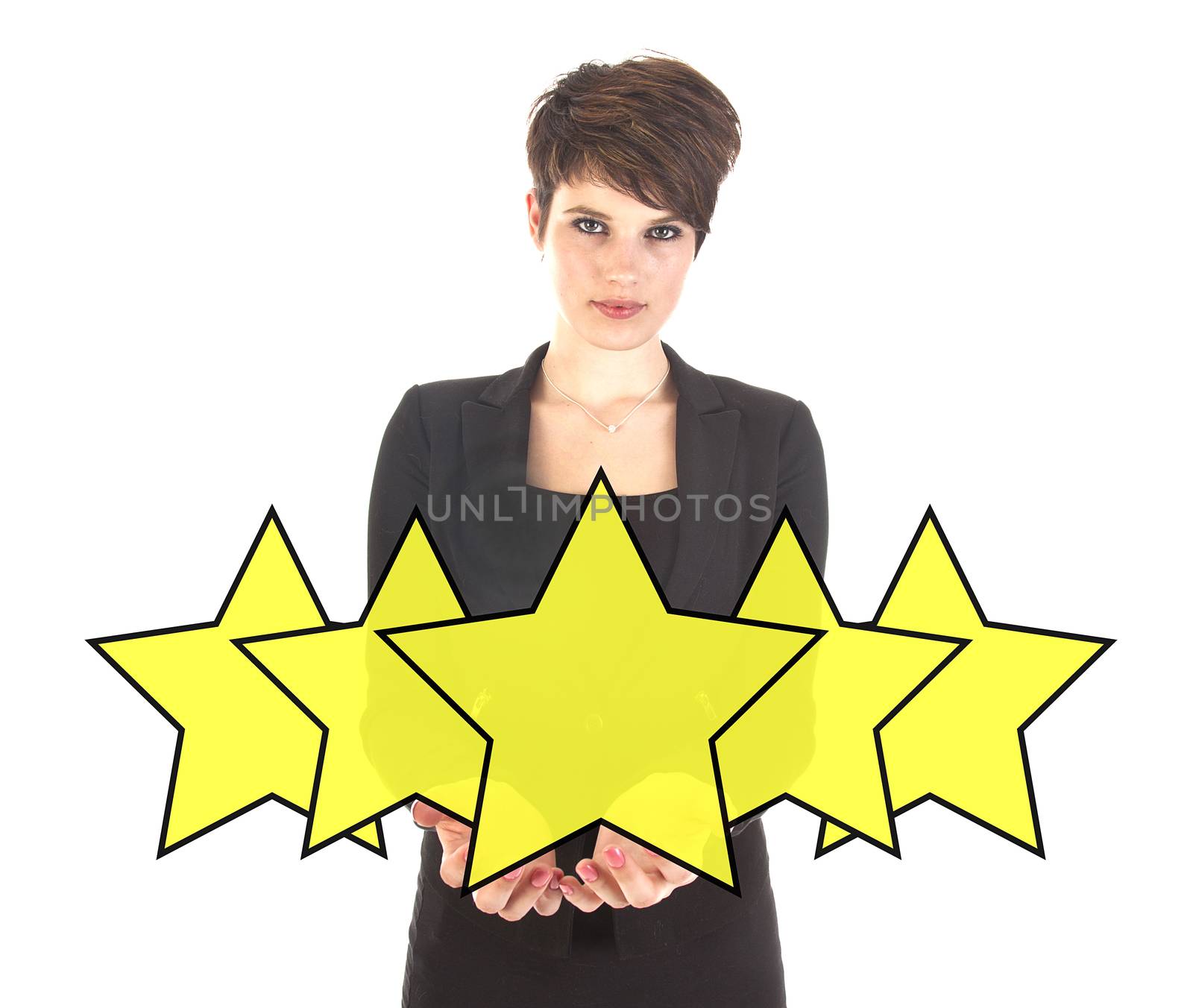 Businesswoman with ranking stars isolated on white background by gigra