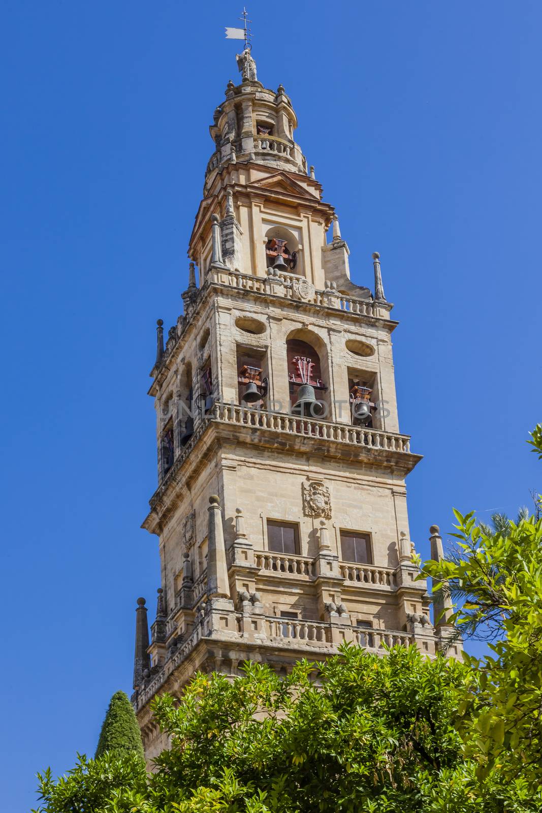 Torre del Alminar Bell Tower Mezquita Cordoba Andalusia Spain.  Created in 785 as a Mosque, was converted to a Cathedral in the 1500.  Bell Tower was constructed on top of minaret. 