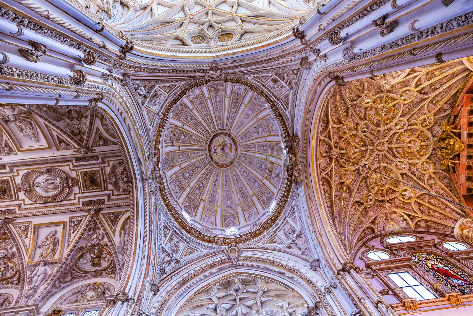 Cathedral White Ceiling Dome Mezquita Cordoba Spain.  Created in 785 as a Mosque, was converted to a Cathedral in the 1500.