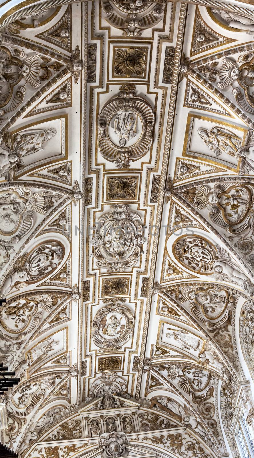 Cathedral White Ceiling Altar Mezquita Cordoba Spain.  Created in 785 as a Mosque, was converted to a Cathedral in the 1500.