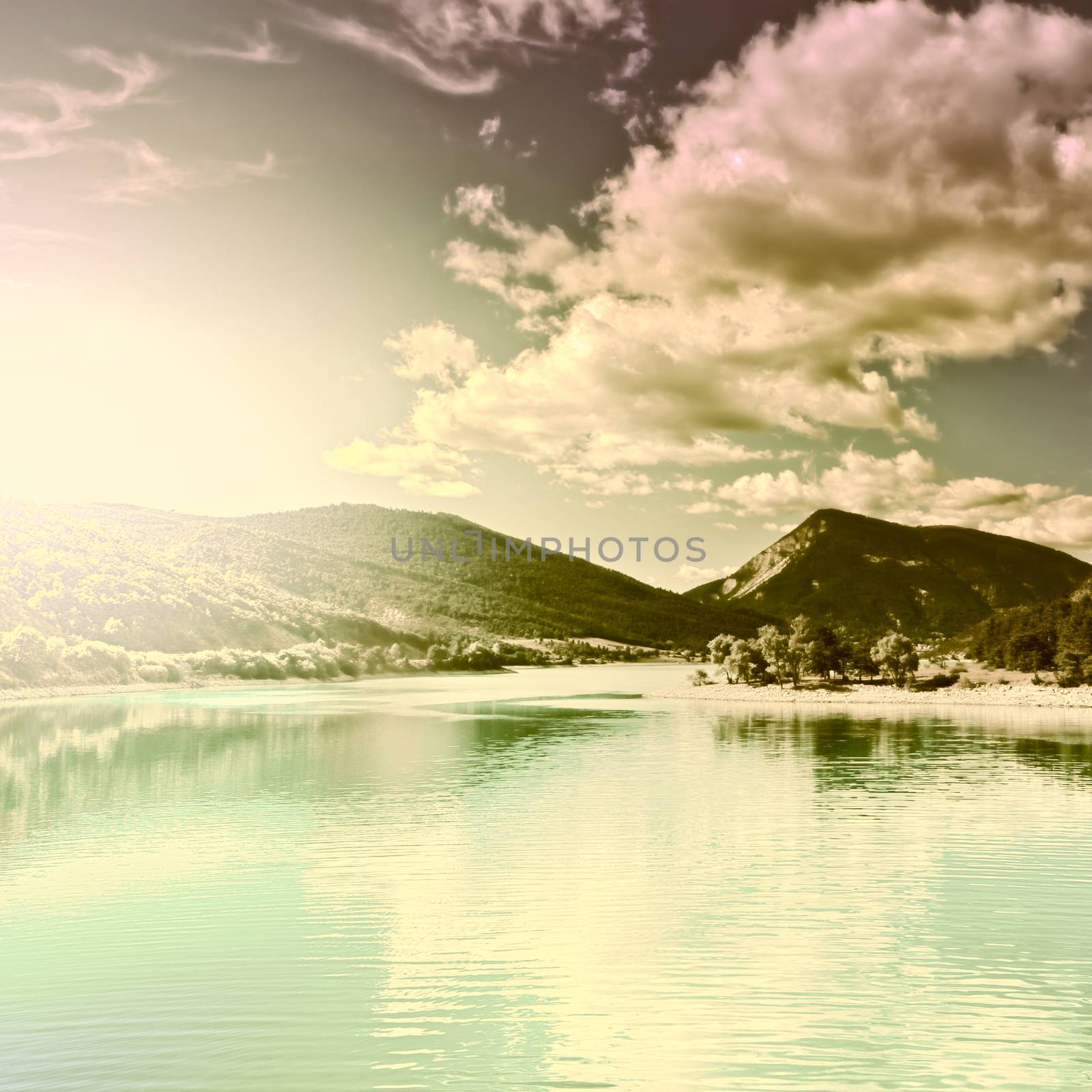 Lake in the French Alps at Sunset, Vintage Style Toned Picture