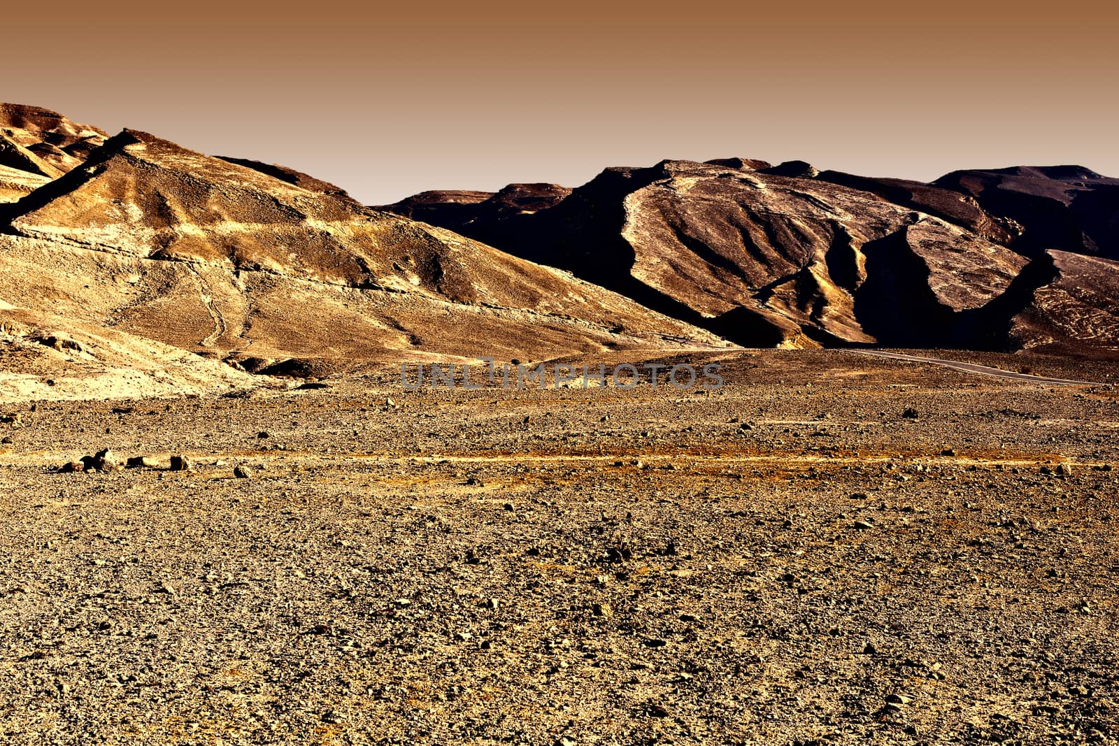 Rocky Hills of the Negev Desert in Israel at Sunset, Vintage Style Toned Picture