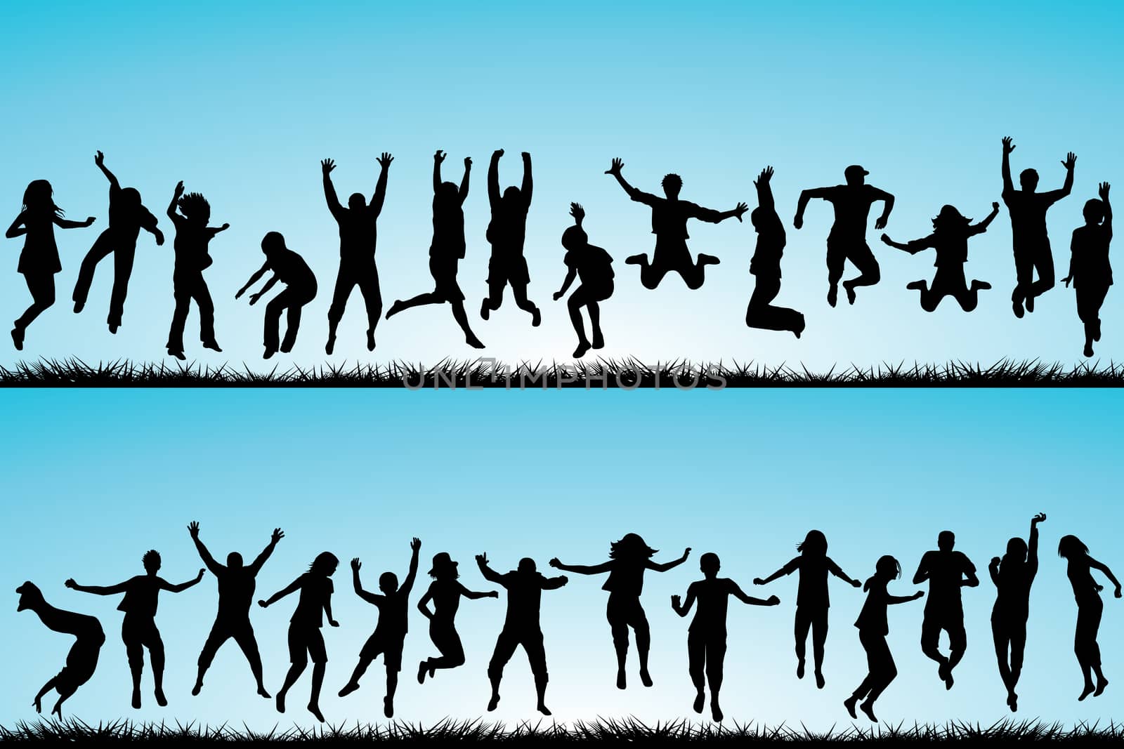 Set of children and young people jumping outdoor