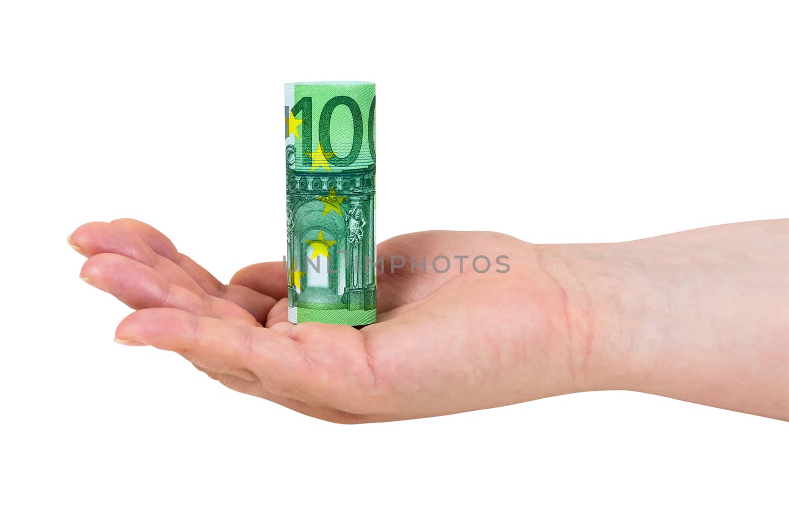 Hand holding rolled 100 euro banknote by mkos83