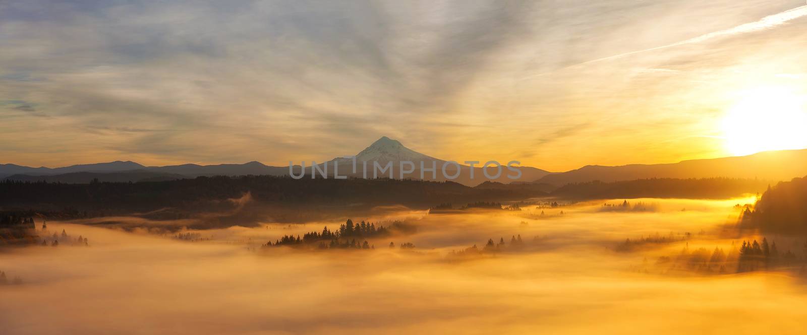 Sunrise Over Mt Hood View and Foggy Valley from Scenic Viewpoint in Sandy Oregon Panorama
