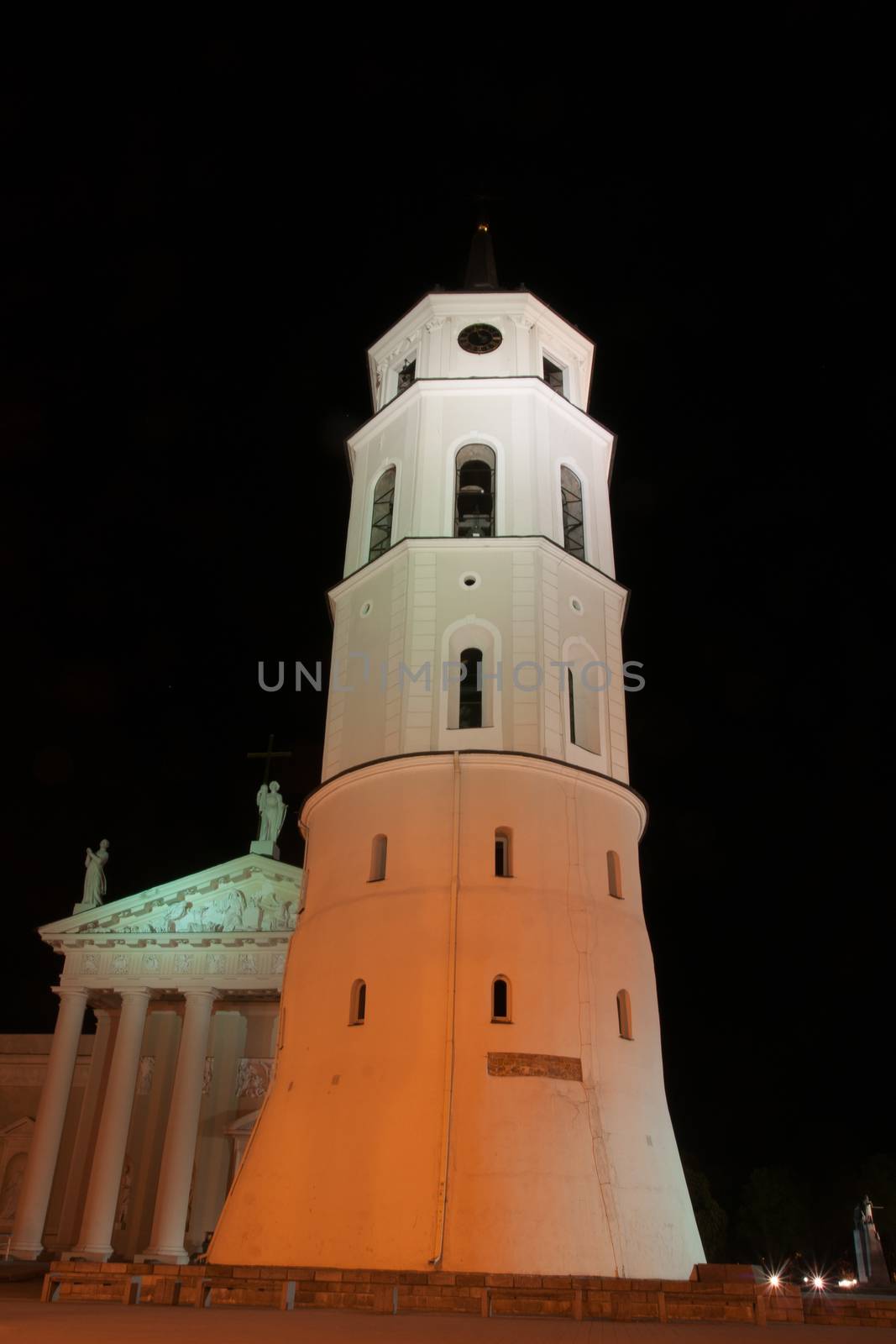 Night view of cathedral church in Vilnius
