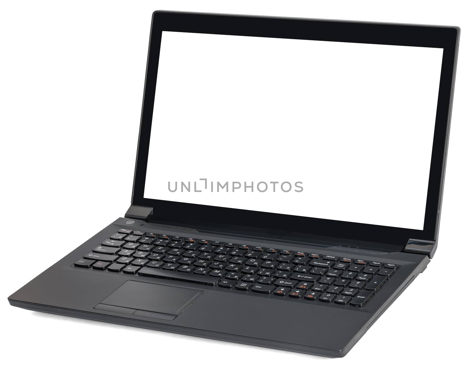 Open black laptop with blank screen isolated on white background, closeup
