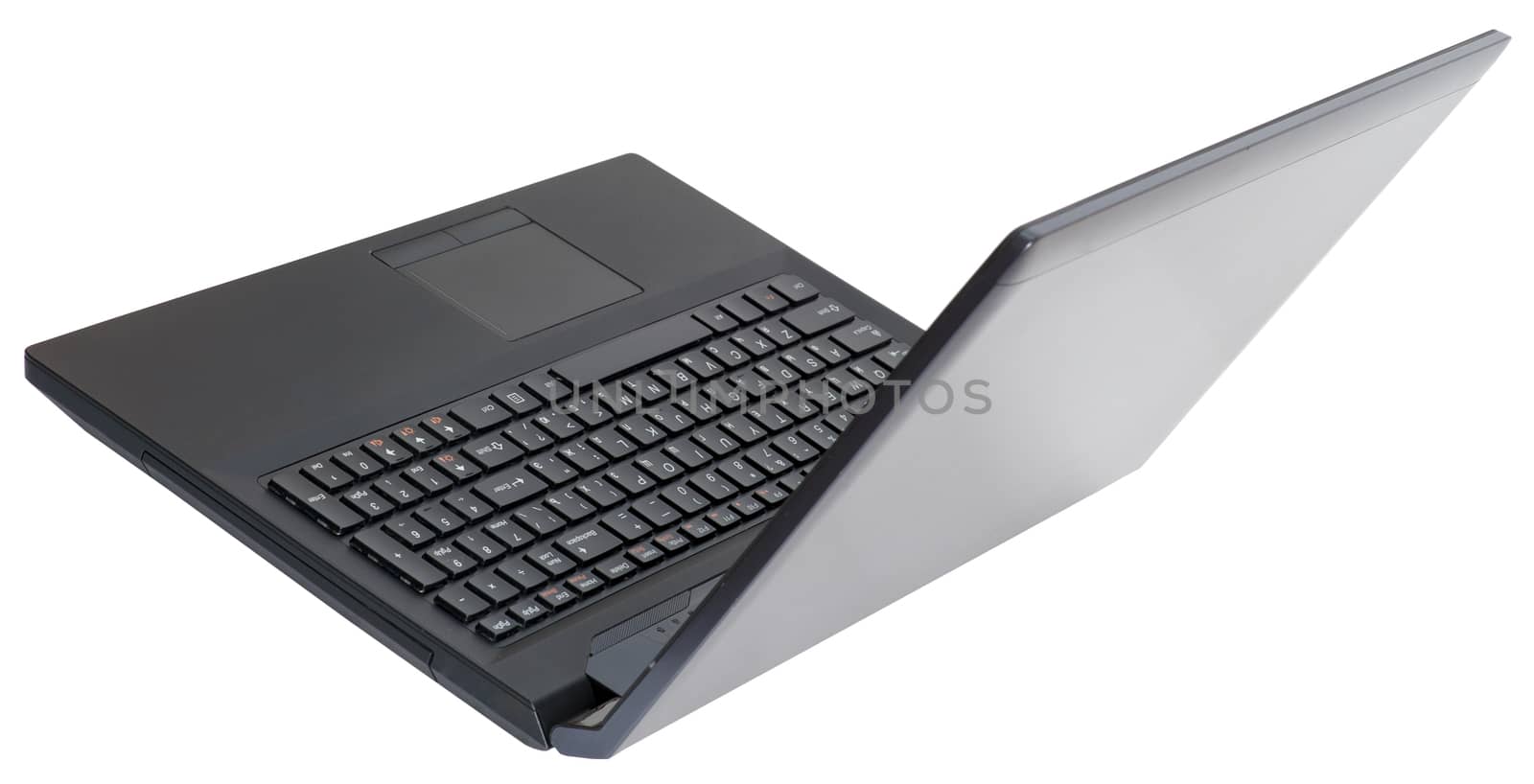 Open black laptop isolated on white background, closeup