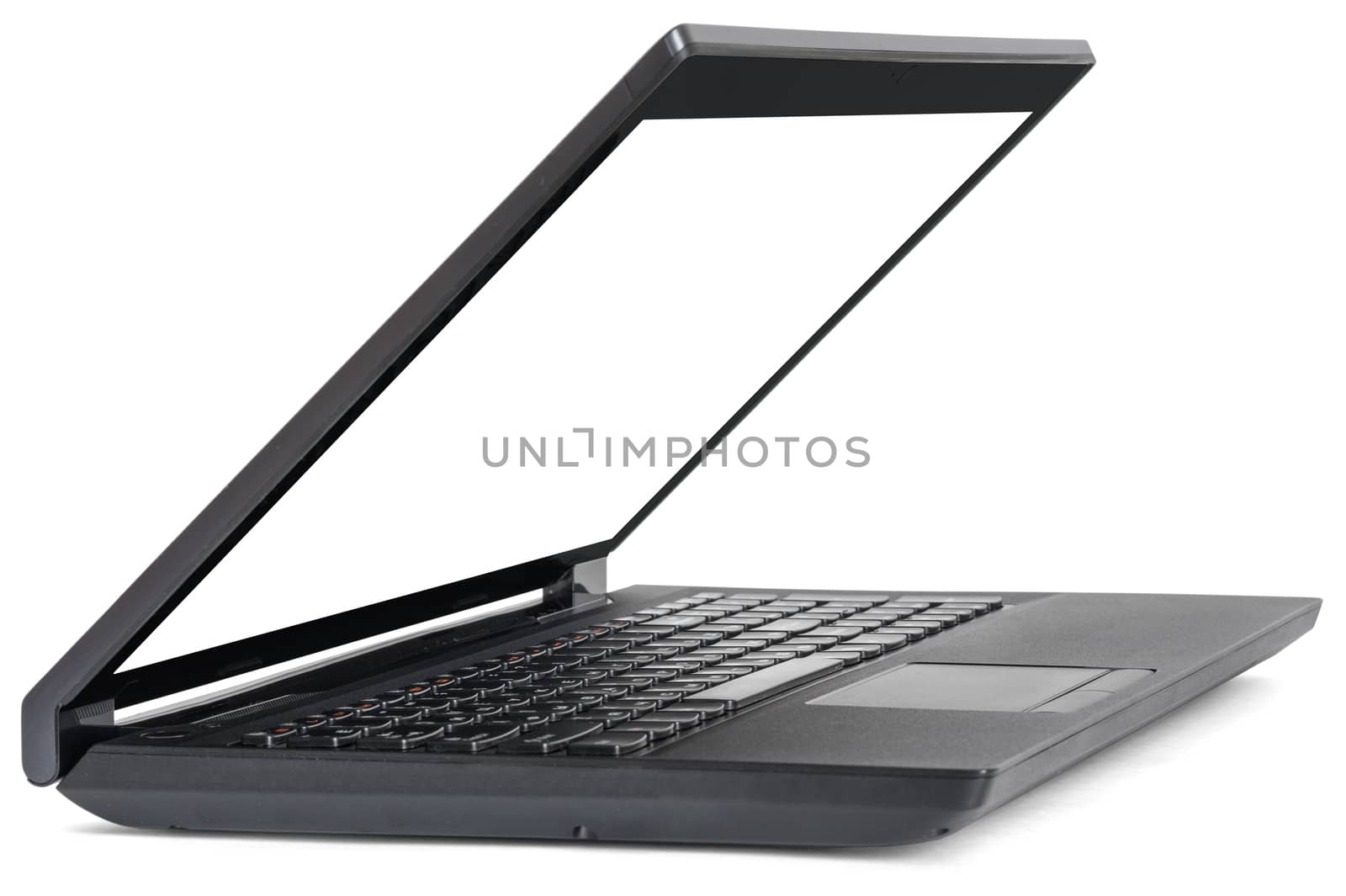 Black laptop with empty screen isolated on white background, side view