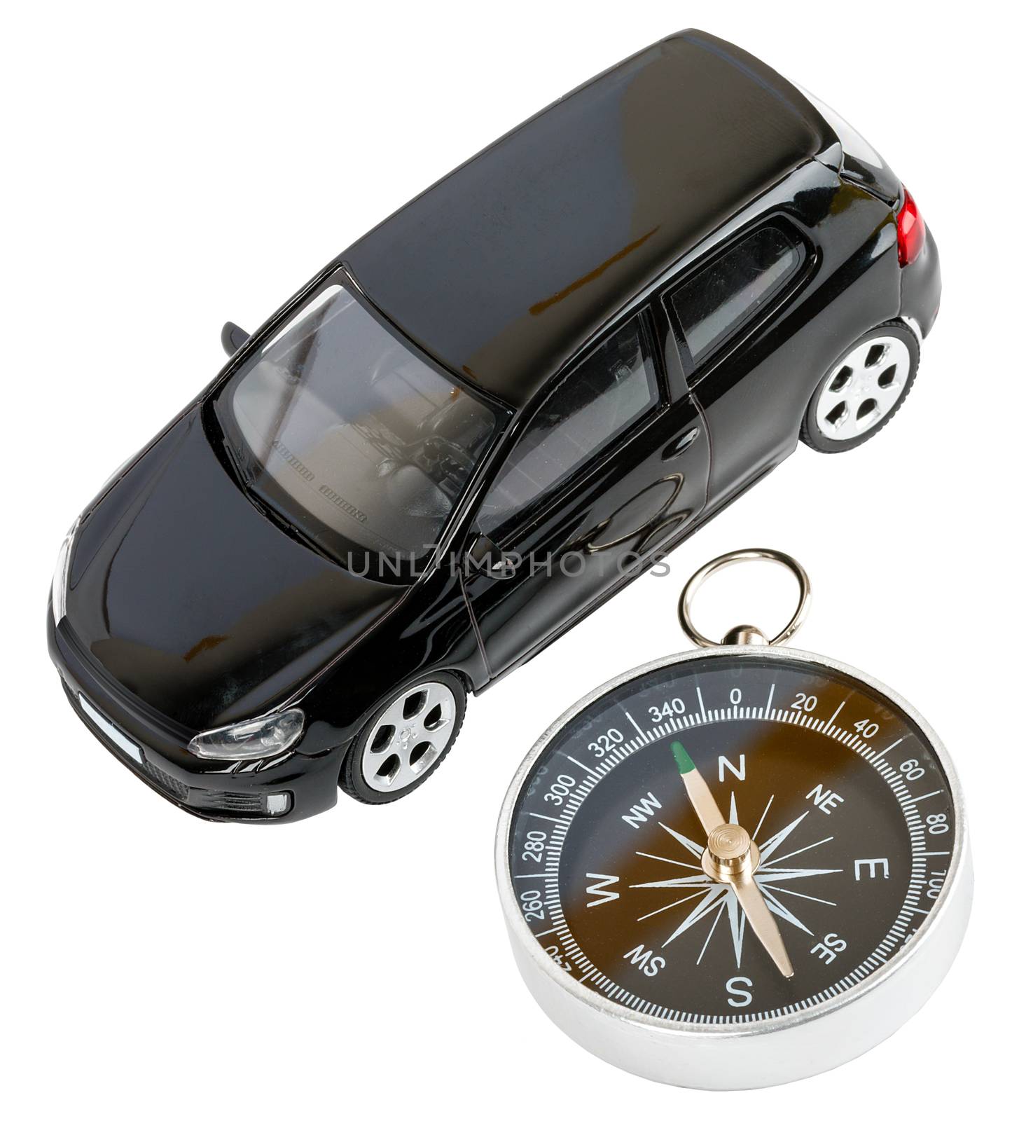 Black car with compass isolated on white background