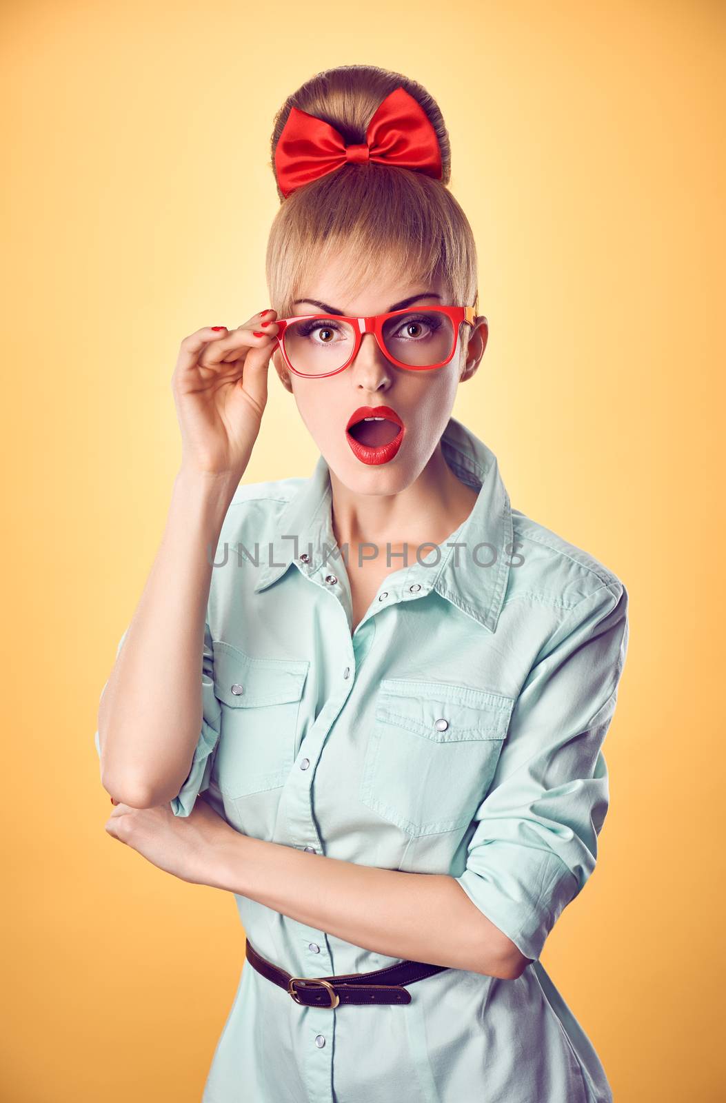Beauty fashion business woman, red glasses. Pinup by 918