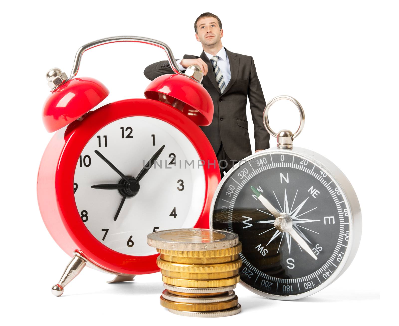 Businessman with big red alarm clock and timer isolated on white background