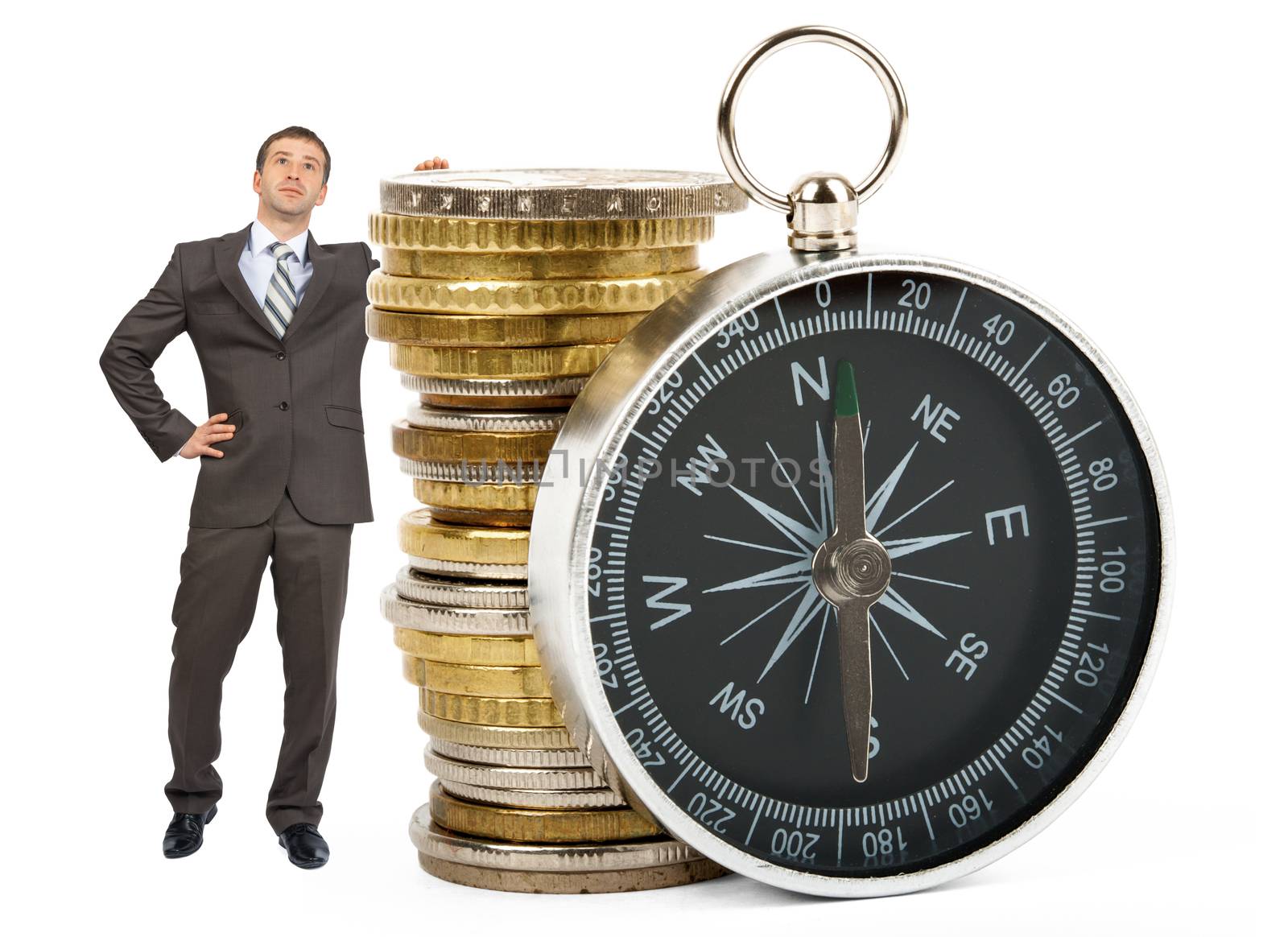 Businessman with big stack of coins isolated on white background, closeup