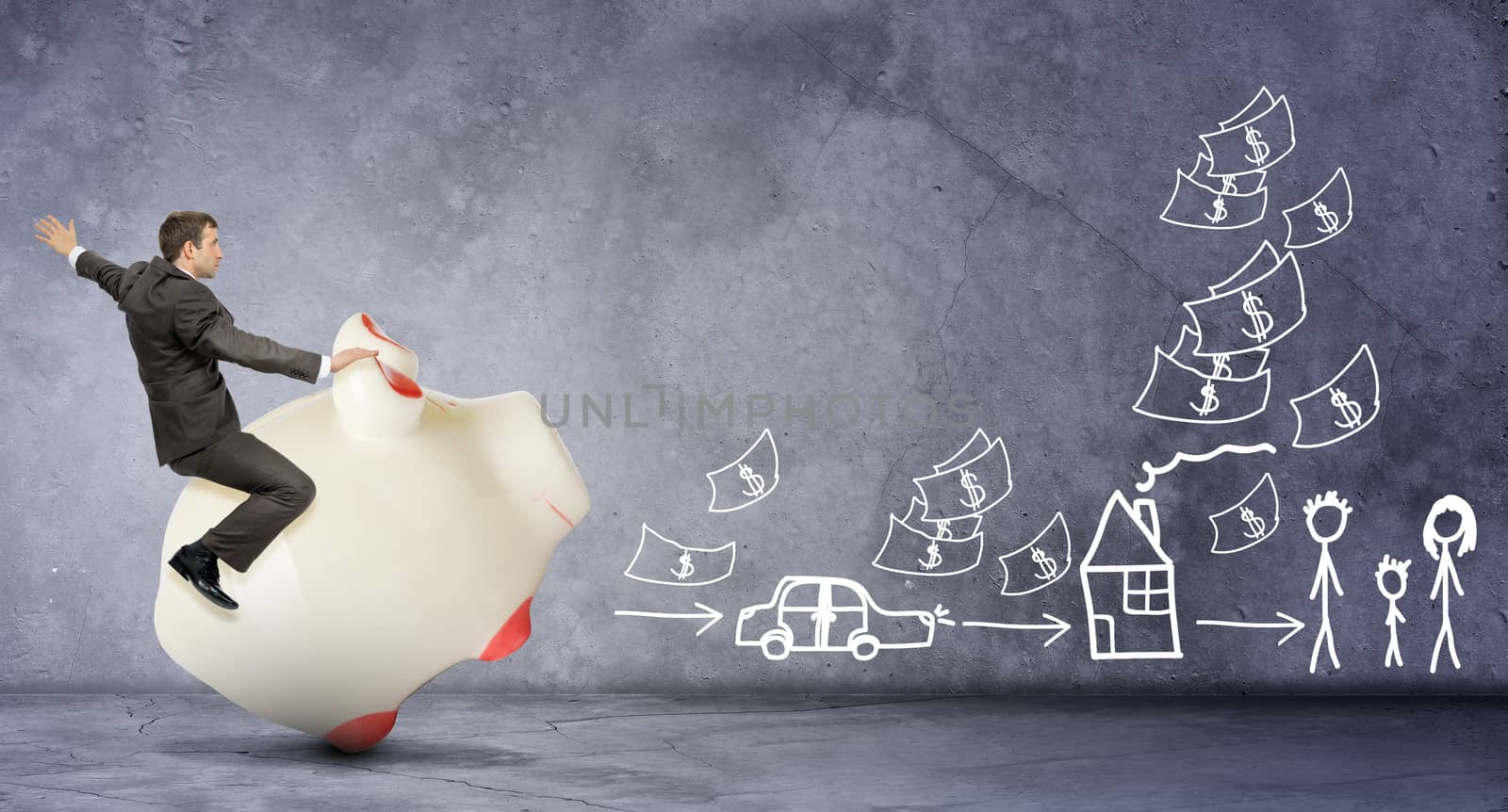 Businessman riding piggy bank on abstract grey background with drawings